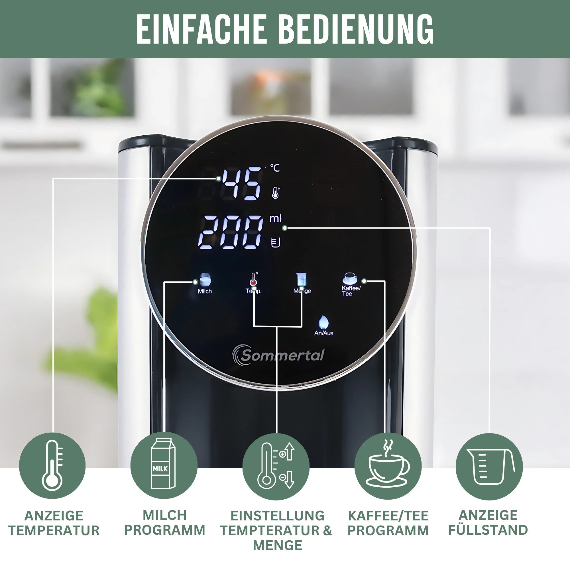 Sommertal Heißwasserspender Sommertal HW400 Heißwasserspender Businessline mit abnehmbaren 4L Tank, 4 l, instant heißes Wasser 45-100°C, Touchdisplay, Babynahrung, kompakt