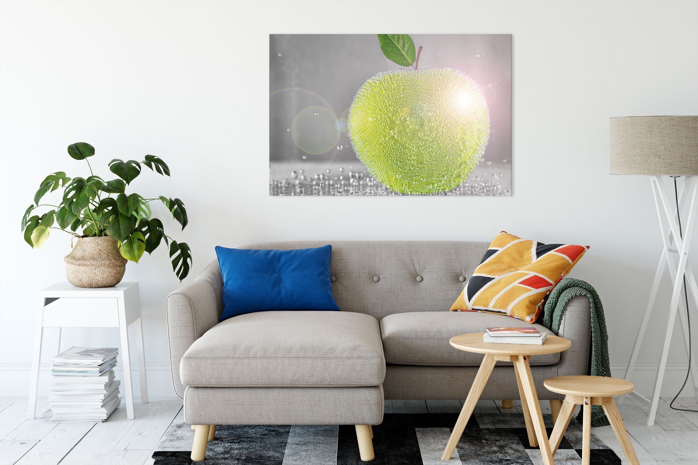Pixxprint Leinwandbild Apfel Apfel mit Wasserperlen Leinwandbild mit St), inkl. bespannt, (1 Zackenaufhänger Wasserperlen, fertig
