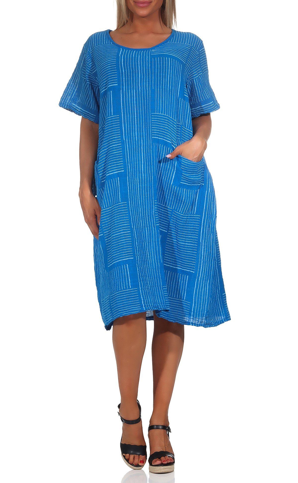 Musselin Sommerkleid Damen - Luftiges Baumwollkleid Mit Taschen