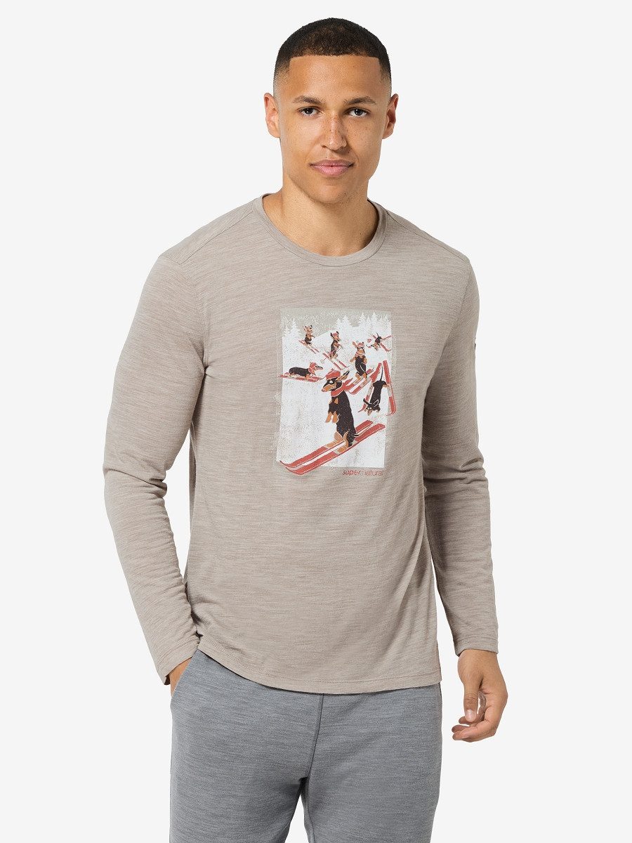SUPER.NATURAL Langarmshirt für Herren, Merino M DACHSHUND PARTY LS mit Ski-Motiv, atmungsaktiv