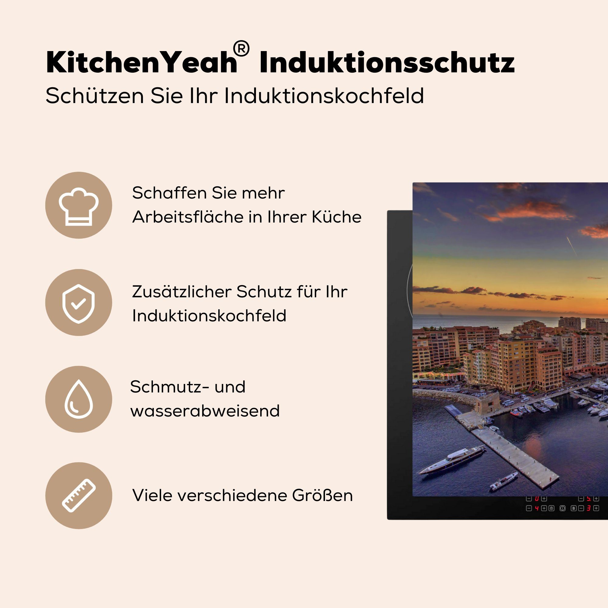 Der (1 cm, küche, Hafen Monaco Herdblende-/Abdeckplatte die MuchoWow Sonnenuntergang, 81x52 Schutz von tlg), Ceranfeldabdeckung bei für Vinyl, Induktionskochfeld