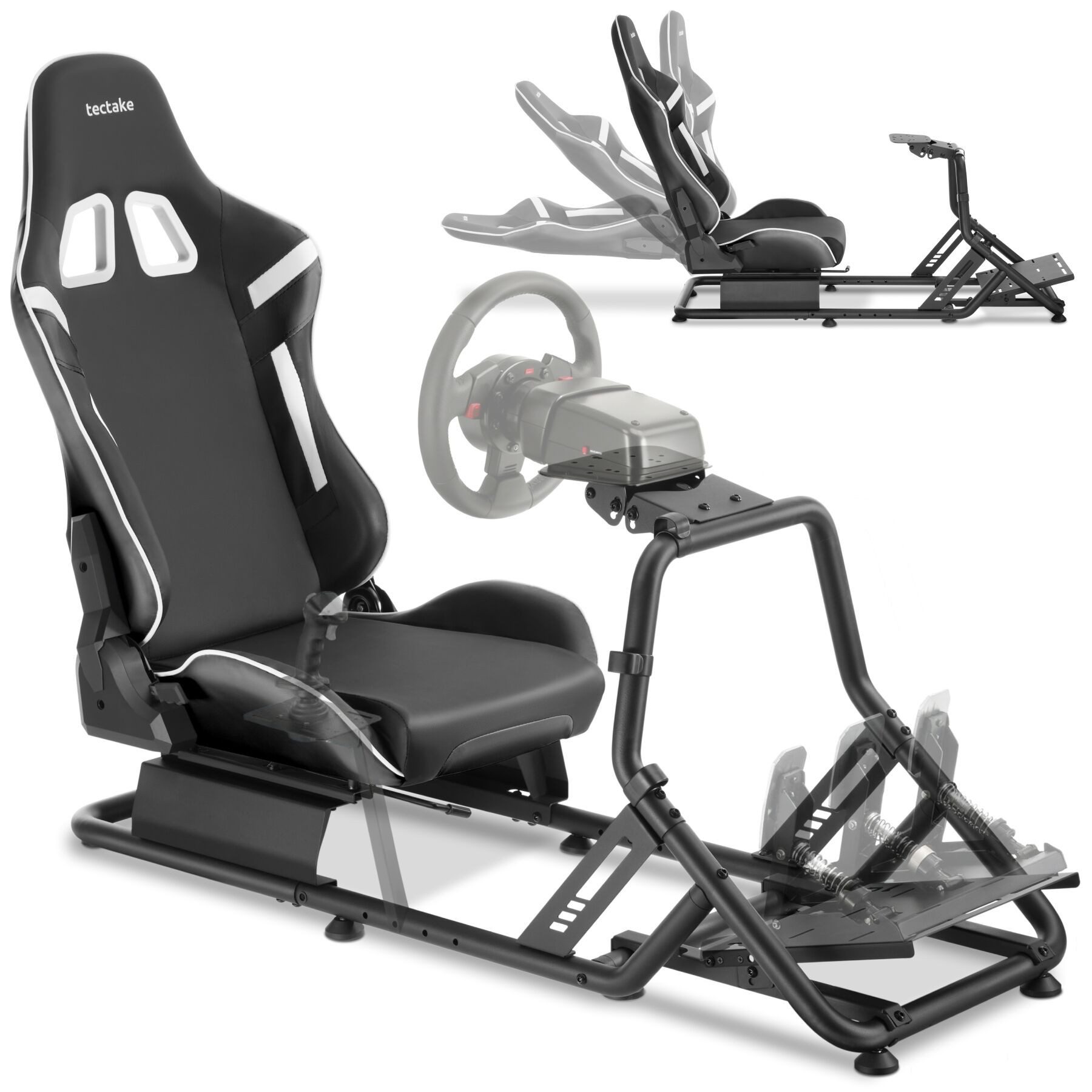 tectake Gaming-Stuhl SimRacing Stuhl, verstellbar, pflegeleichter Kunstlederbezug (Rennsitz Play, 1 St), kompatibel mit Logitech, Fanatec, Thrustmaster und mehr, gepolstert