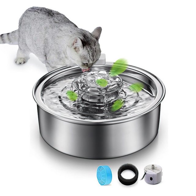 Aoucheni Trinkbrunnen Trinkbrunnen für Katze 2L Edelstahl mit pumpe und Ersatzfilter, 21 * 7,5cm