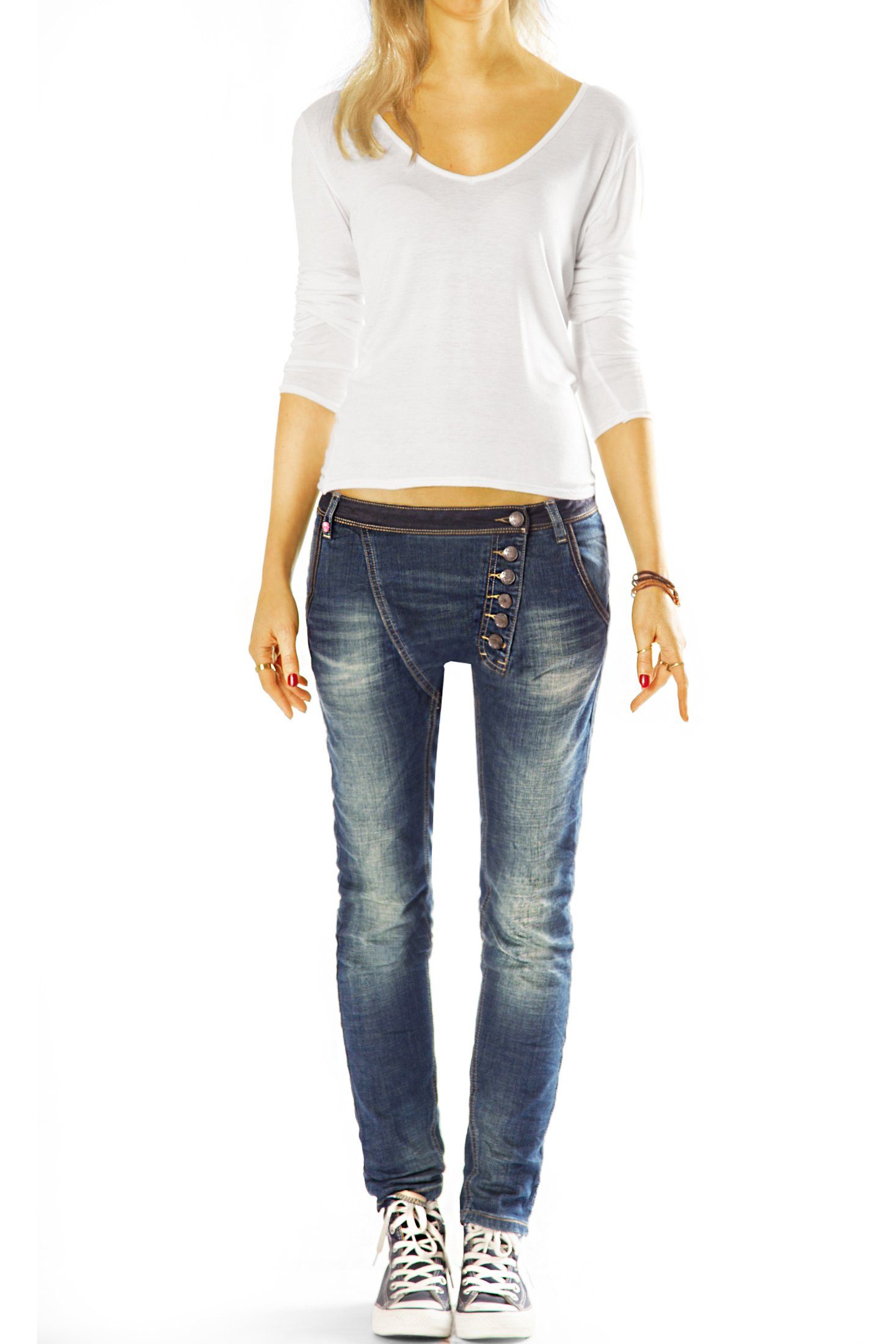 be styled Low-rise-Jeans Slim fit Hüftjeans mit asymmetrischer Knopfleiste  - Damen - j15L mit Stretch-Anteil, hüftig, low waist, lange schräge  Knopfleiste, Ziernähte