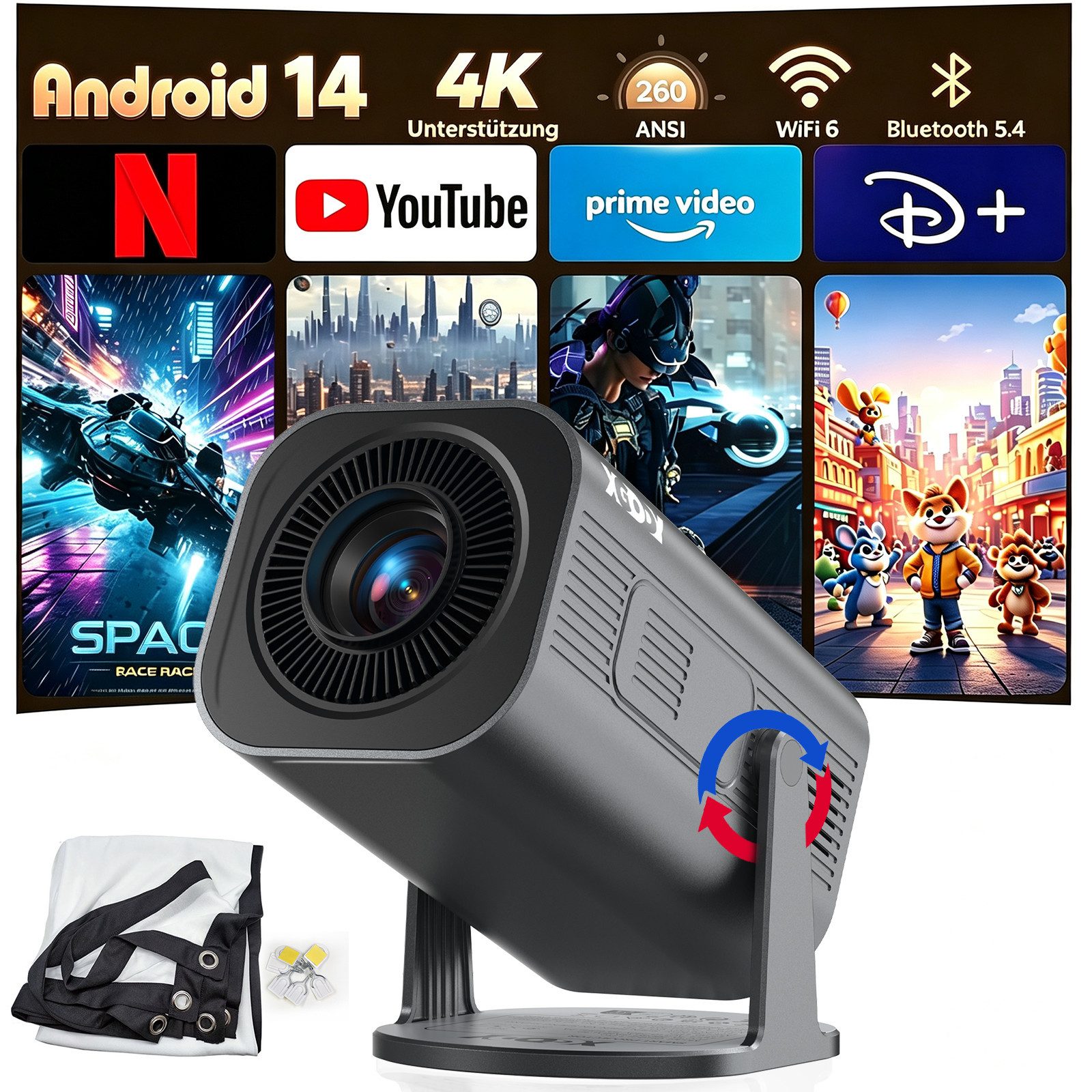 XGODY 2026 Neu Tragbarer Projektor Gimbal 3Pro 4K Android 14 Wifi6 BT 5.4 Mini-Beamer (260 lm, 1500:1, 3840 x 2160 px, Android 14 OS mit App-Store, Youtube, Netflix, Prime Video etc)