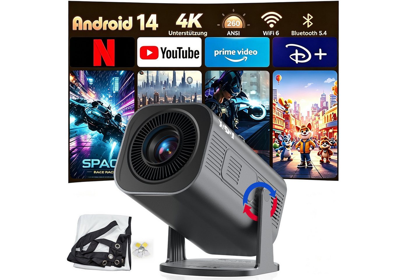 XGODY 2026 Neu Tragbarer Projektor Gimbal 3Pro 4K Android 14 Wifi6 BT 5.4 Mini-Beamer (260 lm, 8000:1, 3840 x 2160 px, Android 14 OS mit App-Store, Youtube, Netflix, Prime Video etc)