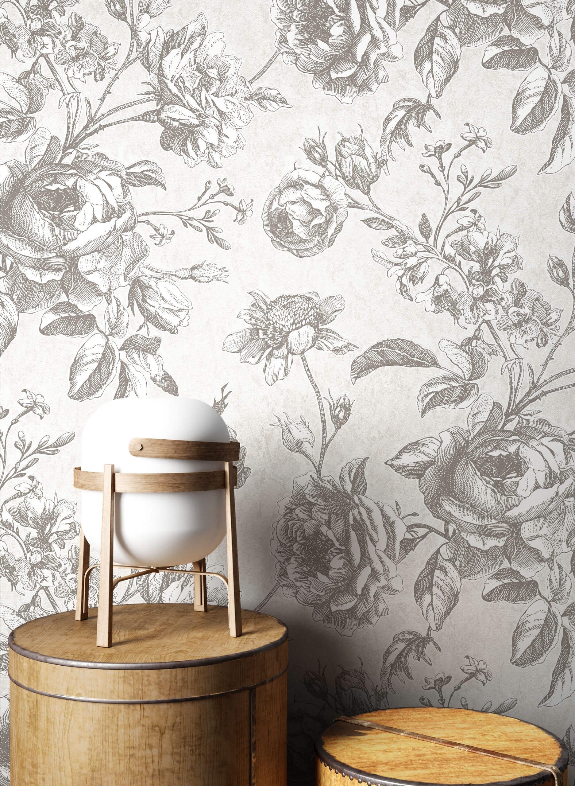 Newroom Vliestapete Mirta Gray Tapete Blumentapete Blumen,Rosen,Beton, Grau Tapete Floral Blumen - Blumentapete Romantisch Modern Rosen Beton für Wohnzimmer Schlafzimmer Flur, modern