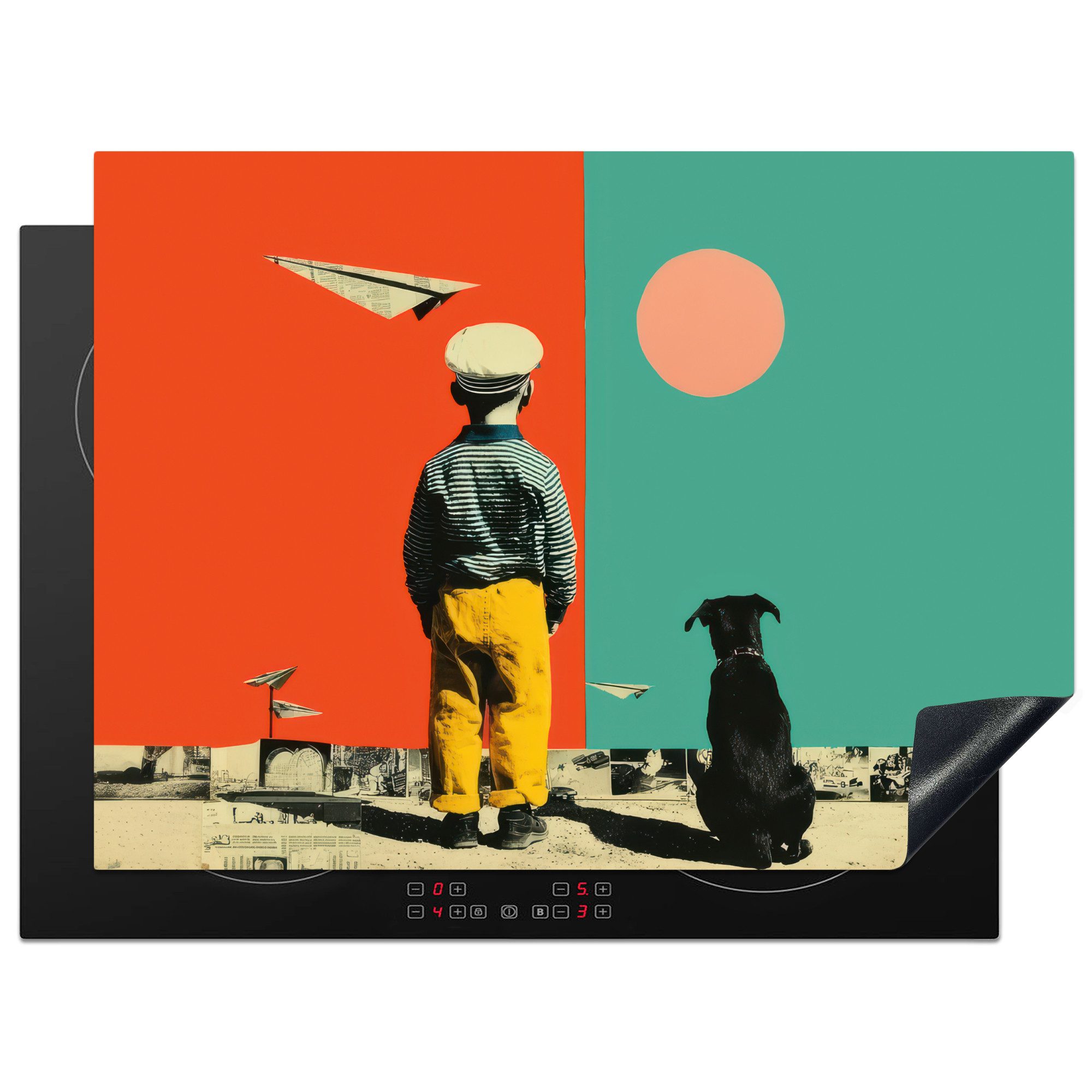 MuchoWow Herd-Abdeckplatte Retro - Junge - Hund - Rot - Grün, Vinyl, (1 tlg), Küche Herdabdeckung Ceranfeld Induktionsfeld Vinyl, 65x50 cm