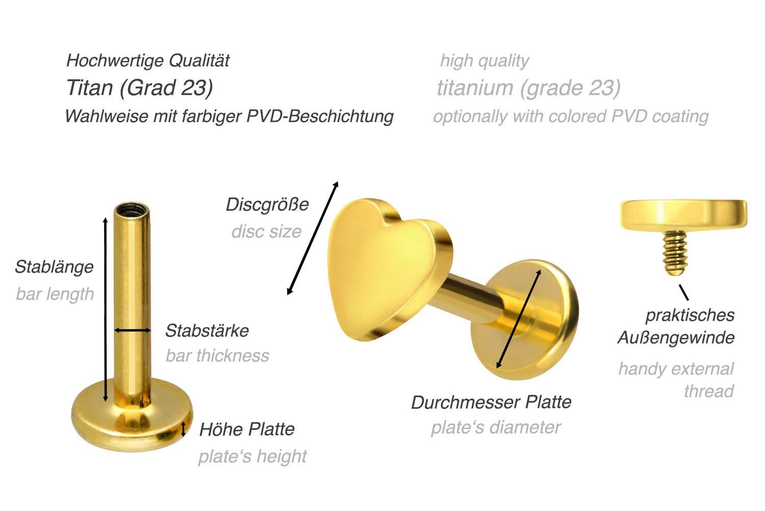 PIERCINGLINE Piercing-Set Titan Labret mit Innengewinde HERZ (Labrets, 1-tlg)