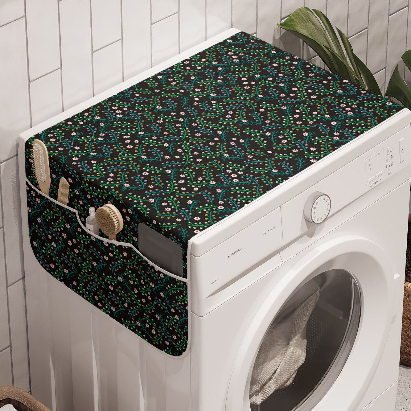Abakuhaus Badorganizer Anti-Rutsch-Stoffabdeckung für Waschmaschine und Trockner, Blumen Kleine Blütenblätter mit Sprossen