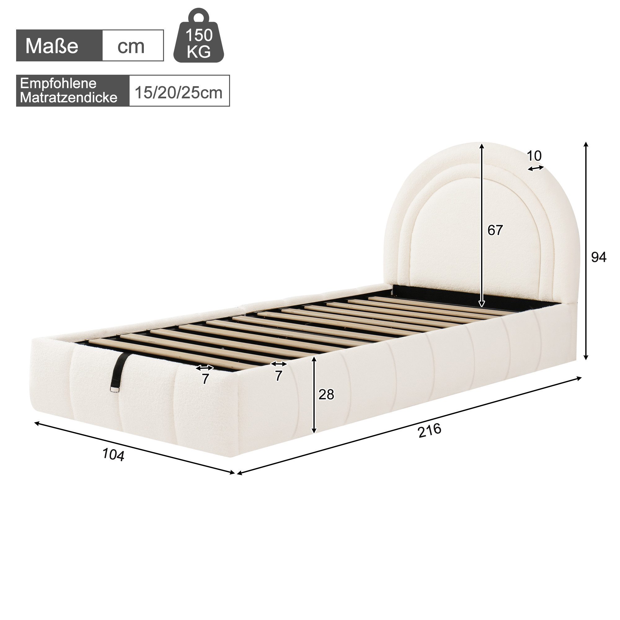 REDOM Polsterbett Funktionsbett mit Lattenrost & gepolstertem Kopfteil (Packung, mit großem Bettkasten und Matratze, Beige, 90x200 cm), Bouclé-Oberfläche, weiche Polsterung für Kinder