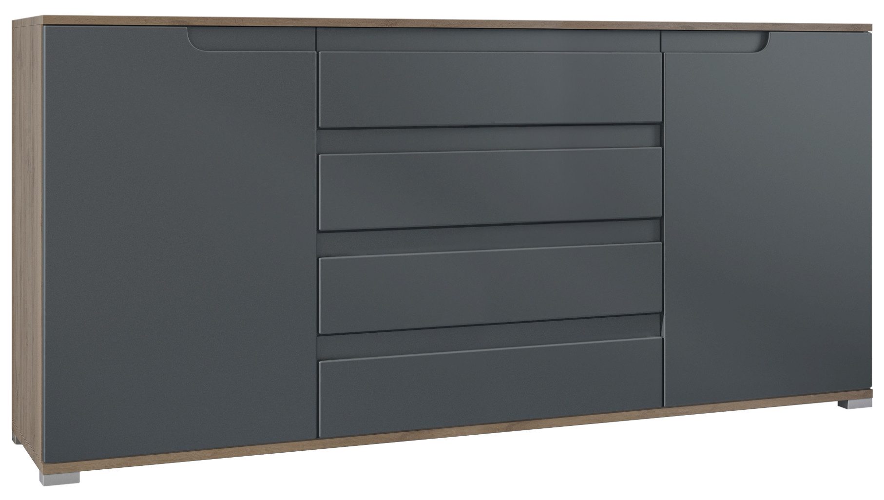 Vladon Sideboard Sylt V2 (Kommode mit 2 Türen und 4 Schubladen, Korpus - Eiche Evoke / Front - Anthrazit matt), Absetzung - Anthrazit matt (166,5 x 75,5 x 35 cm)