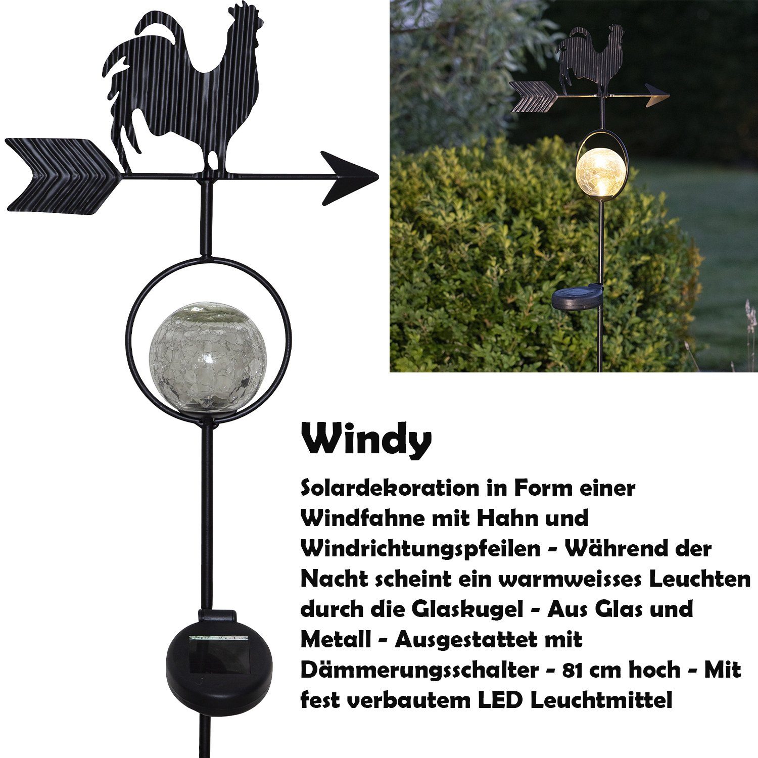 SOLAR STAR Dekoration Wetterfahne "Windy" x 9cm LED Solarleuchte LED B x fest schwarz, integriert, 25cm 81cm, Warmweiß Ø H TRADING