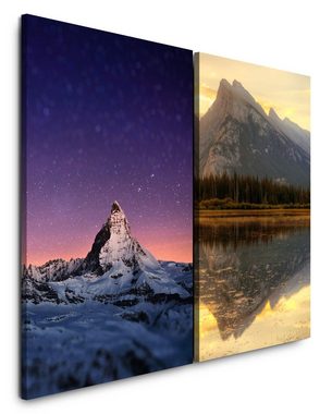 Sinus Art Leinwandbild 2 Bilder je 60x90cm Matterhorn Alpen Schweiz Nacht Sterne See Stille