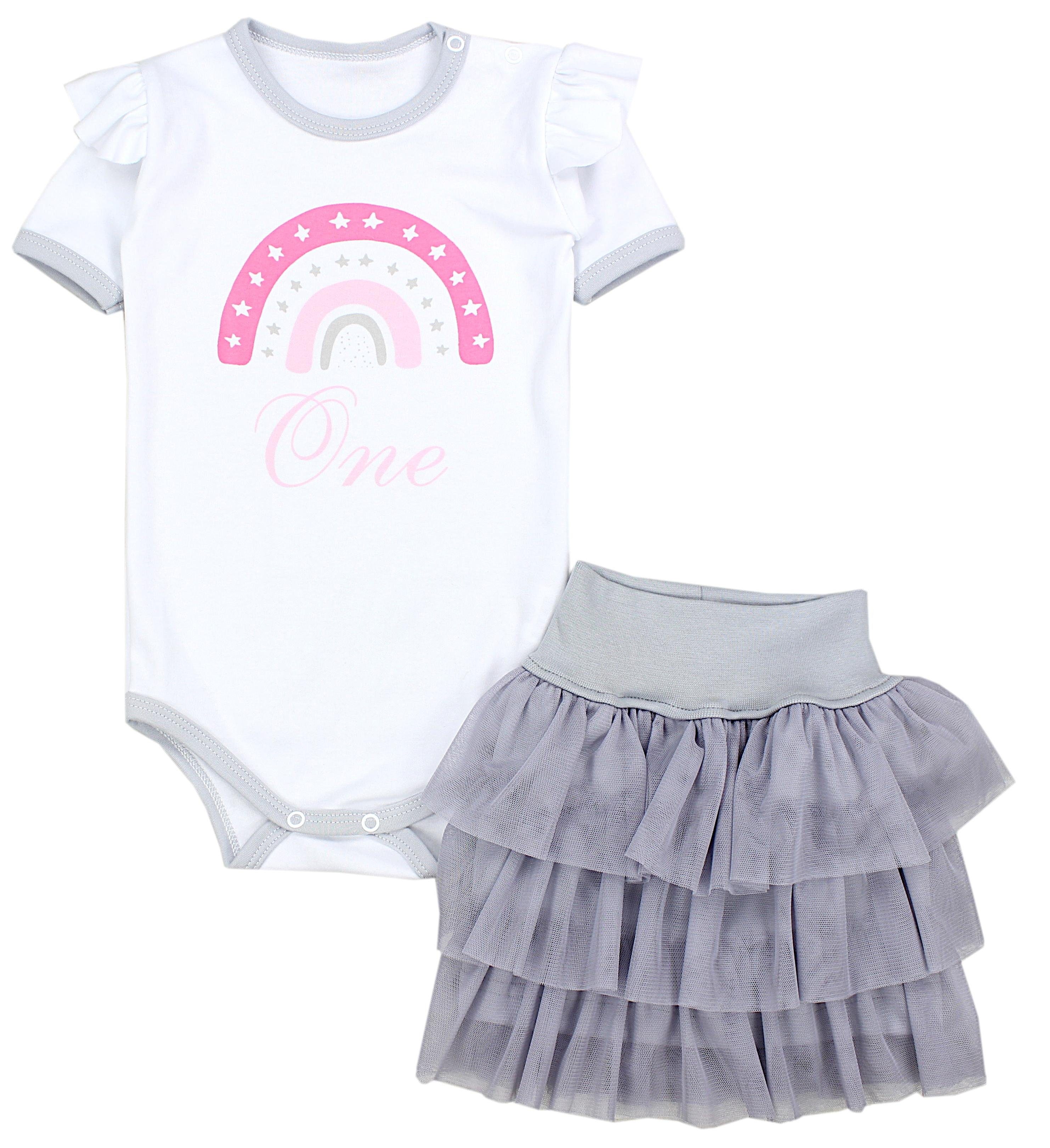 TupTam Partykleid Baby Mädchen Geburtstag Outfit Kurzarm Langarm Body Tüllrock 2 tlg Kurzarm Body / One Regenbogen / Grau Rock