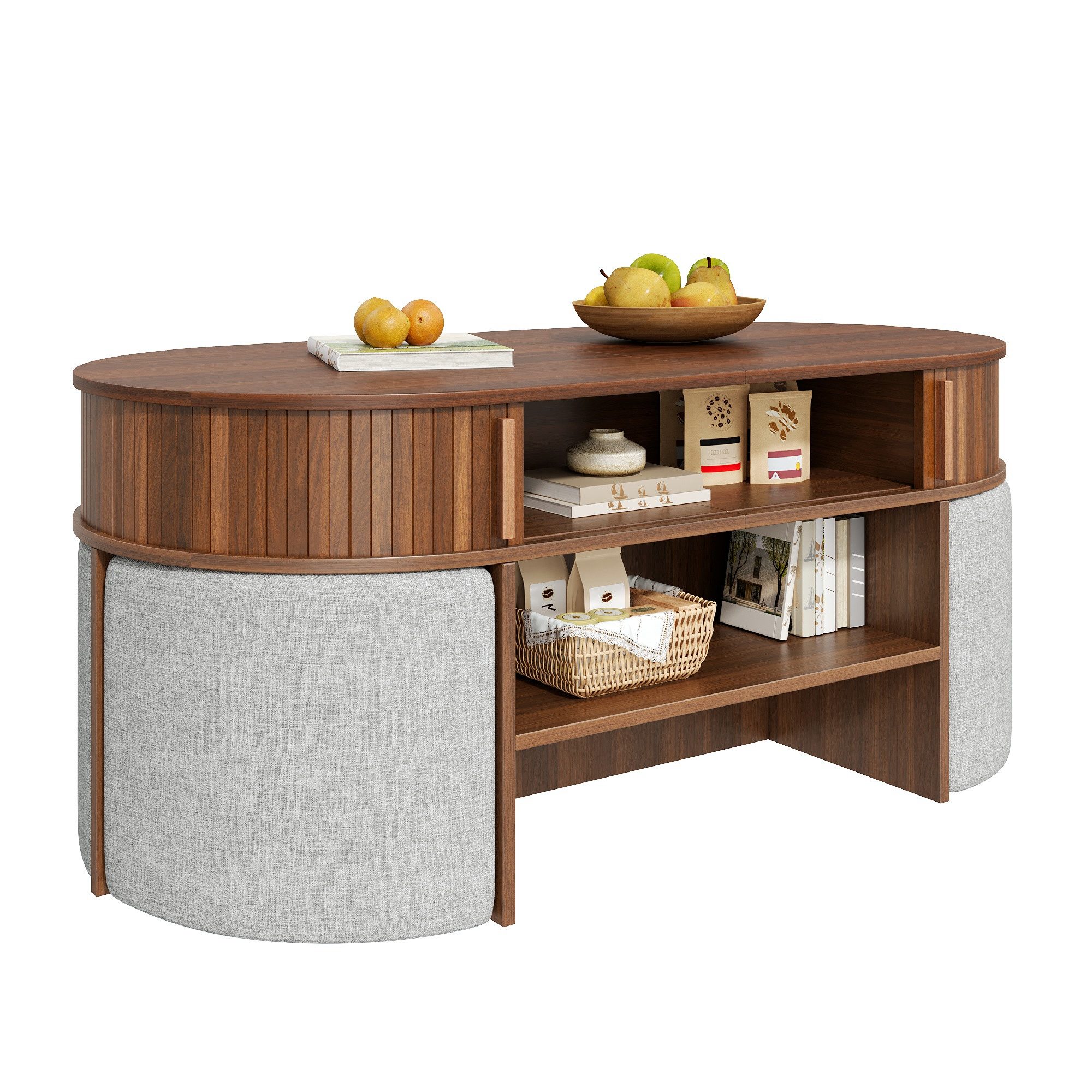 Merax Couchtisch Ovaler Sofatisch Beistelltisch mit Stauraum und Hockern (Aufbewahrungstisch mit vertikaler Rillenoptik, 1-St., 120 L x 60 …
