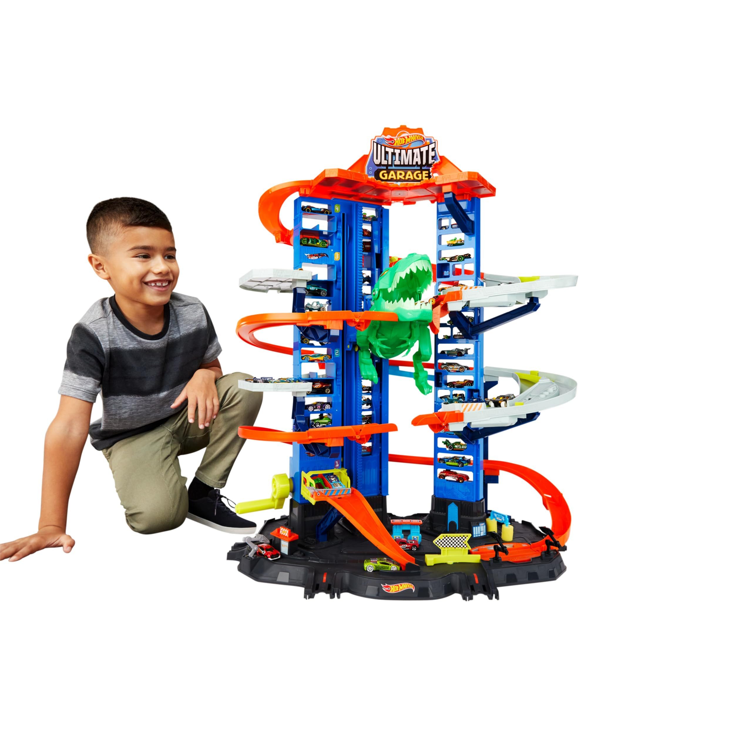 Hot Wheels Modellauto City Megacity Parkgarage mit T-Rex-Angriff, Hot Wheels Spielset