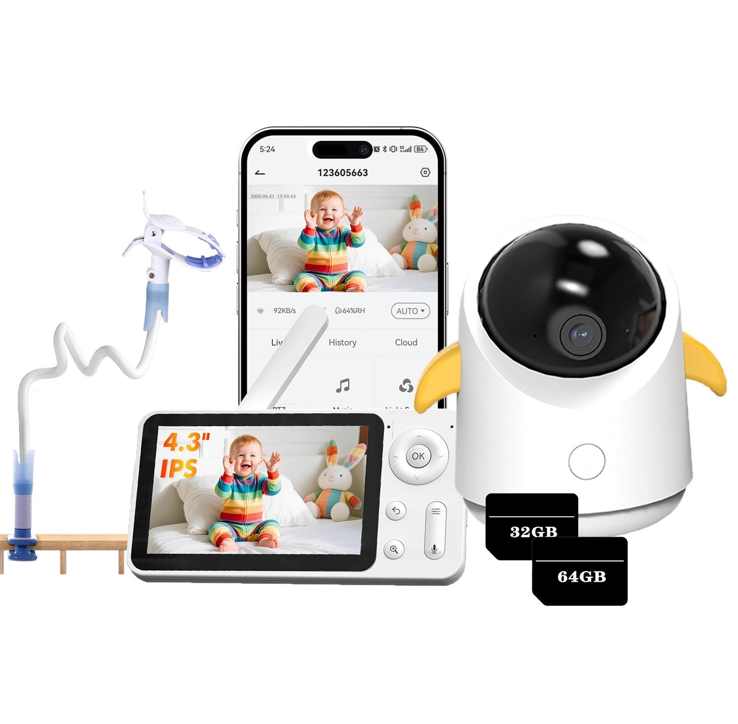 Video-Babyphone 4,3 Zoll 2MP Babyfon mit Kamera, 360° WLAN Video-Babyphone mit App