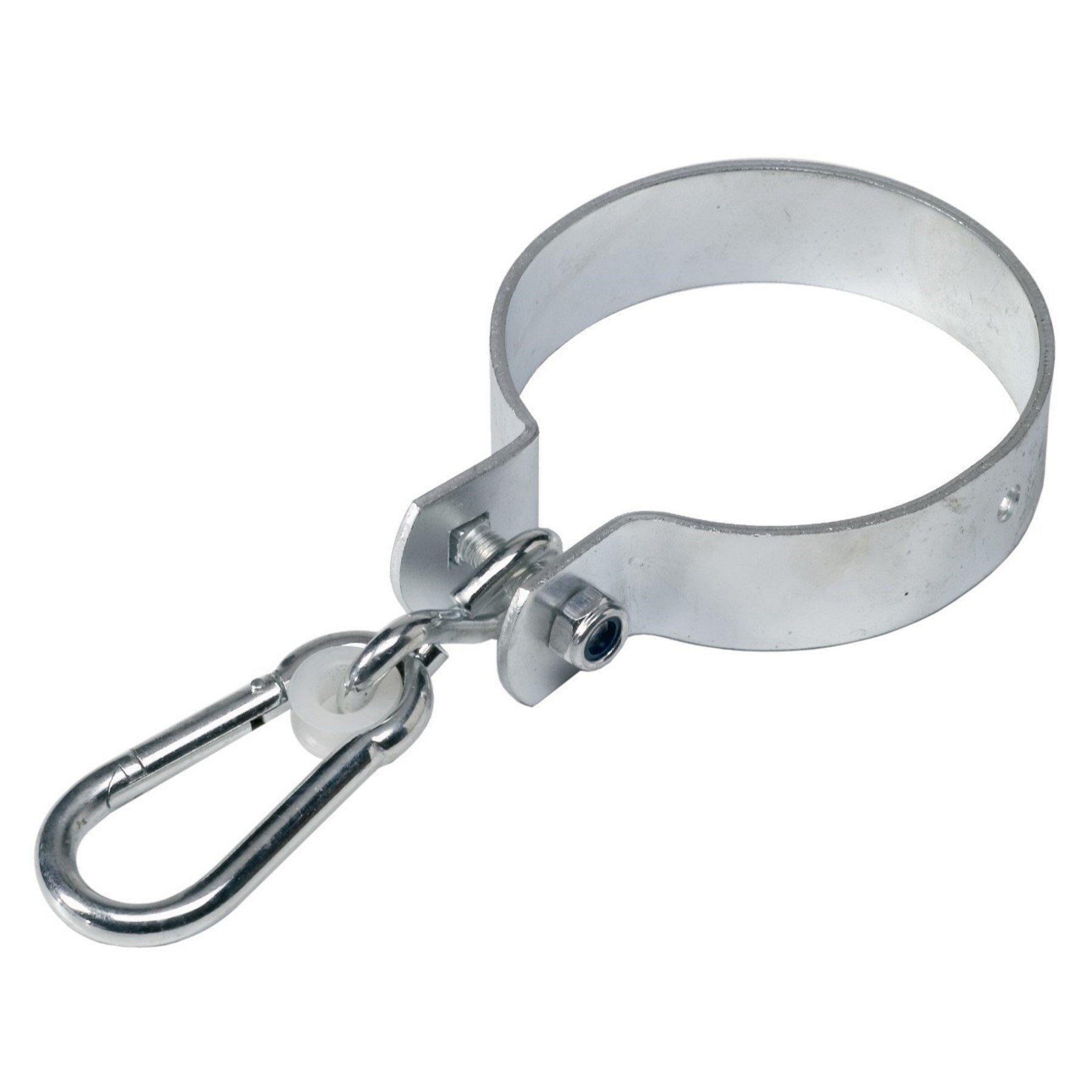 Loggyland Schaukelhaken Schaukelschelle verzinkt rundum für Rundbalken Ø80mm 2er Set, (Spar-Set, 2-St., Manschettenhaken mit Nylonlager), 2 Stück im Set, mit Karabiner und Kunststoffbuchse