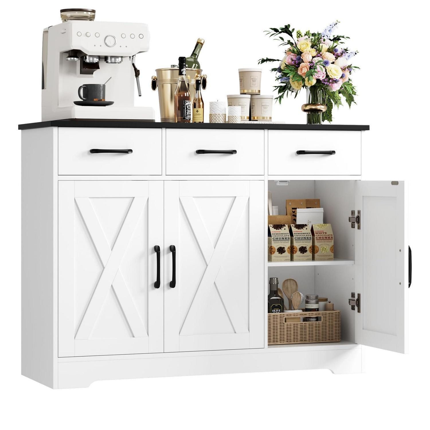 LuxusKollektion Anrichte Sideboard 3Schubladen 3Türen Arbeitsplatte Holz Weiß &Schwarz (1 St)
