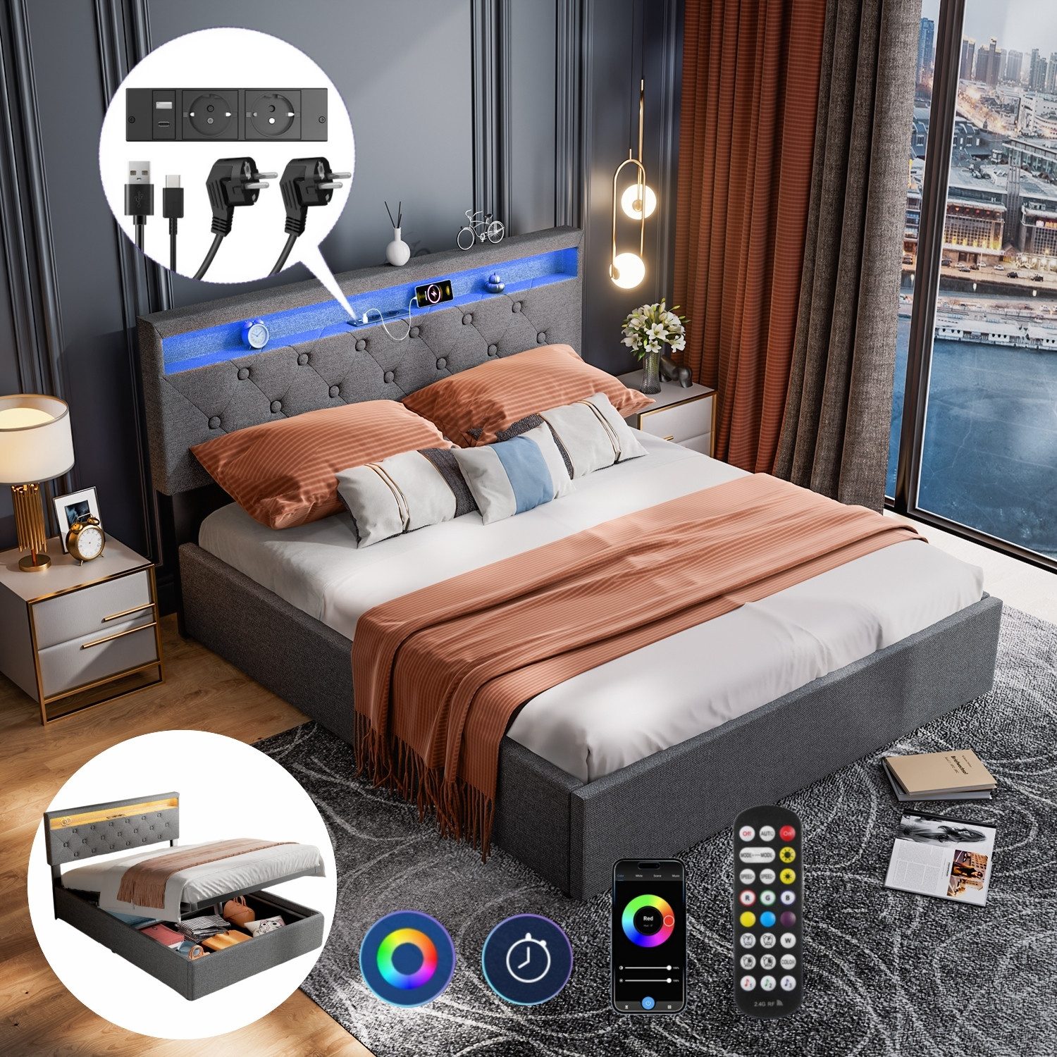 OULENBIYAR Polsterbett Polsterbett mit Stauraum 140x200cm, LED Licht, Hydra günstig online kaufen