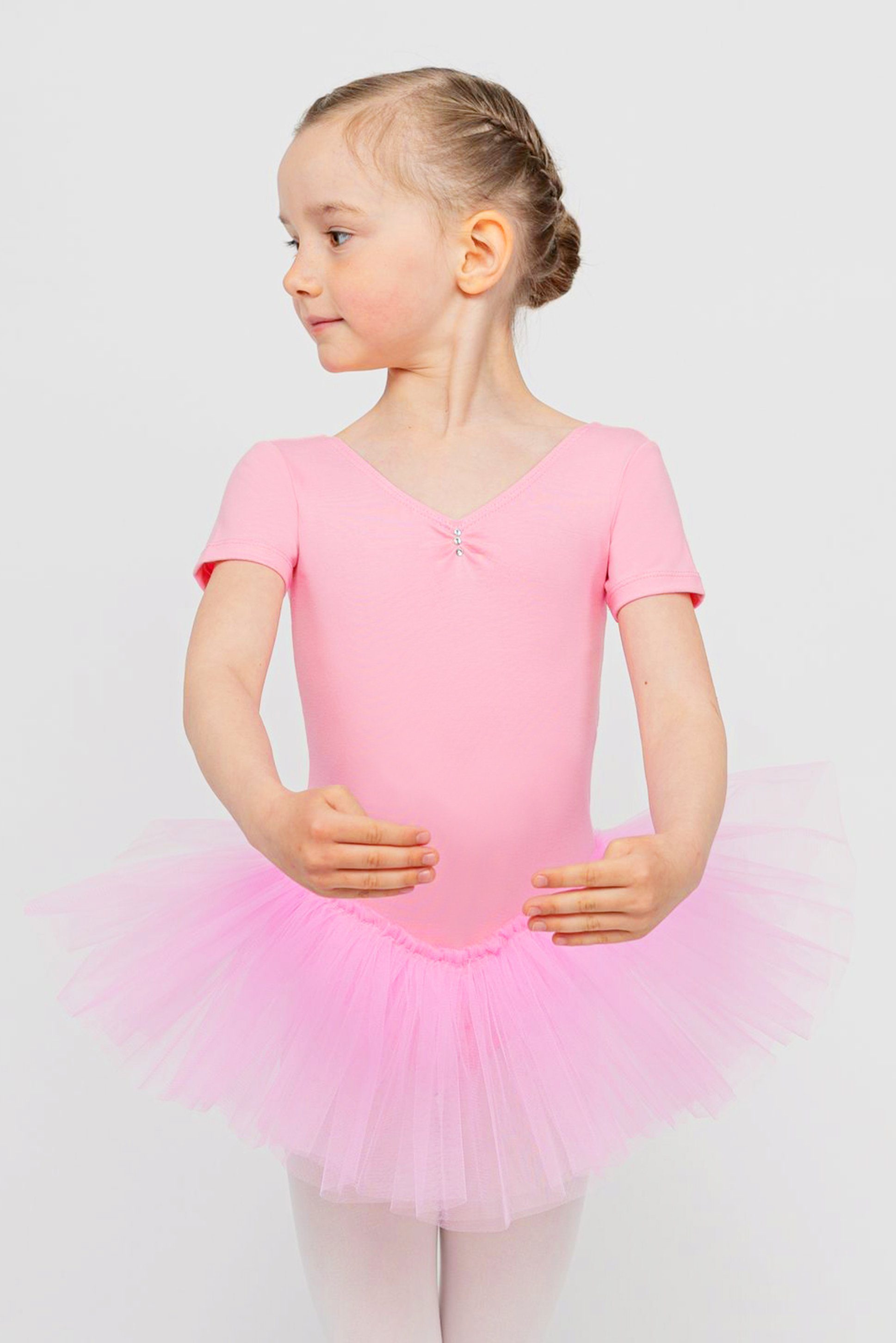 tanzmuster Tüllkleid Ballett Tutu Nele mit Glitzersteinen Kurzarm Ballettkleid aus weicher Baumwolle mit Tüllrock für Mädchen rosa