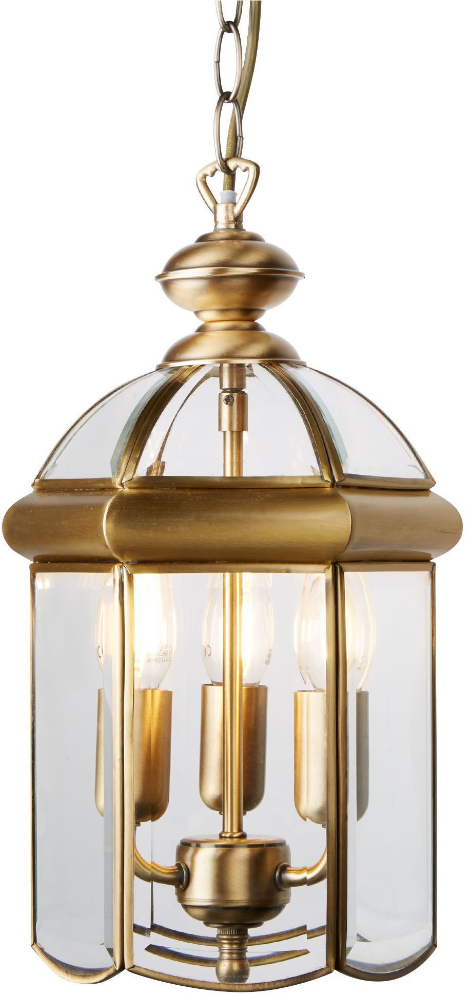 Searchlight Hängeleuchte Bevelled Lantern 3Lt Pendant - Antique Brass Metal & Glass, Leuchtmittel wechselbar