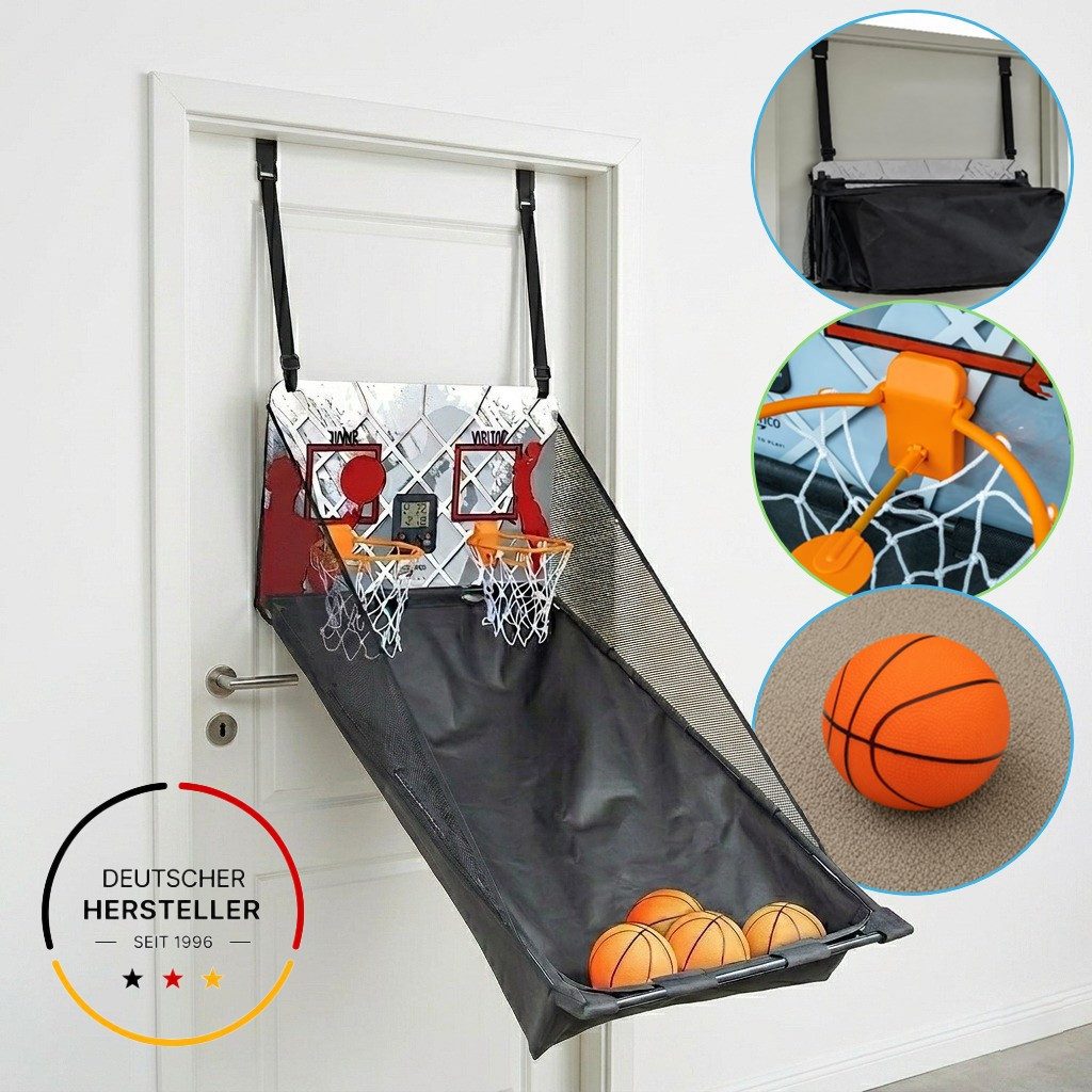FASports Basketballkorb Indoor-Basketballspiel Bascade für die Tür mit LCD-Anzeigen, faltbar (für 2 Spieler ab 6 Jahre mit, 1-St., 2 Mini-Basketballkörben, 4 Bällen, Pumpe), Arcade Automat Basketballkorb Zimmertür-Spiel mit 2 elektron. Zählern