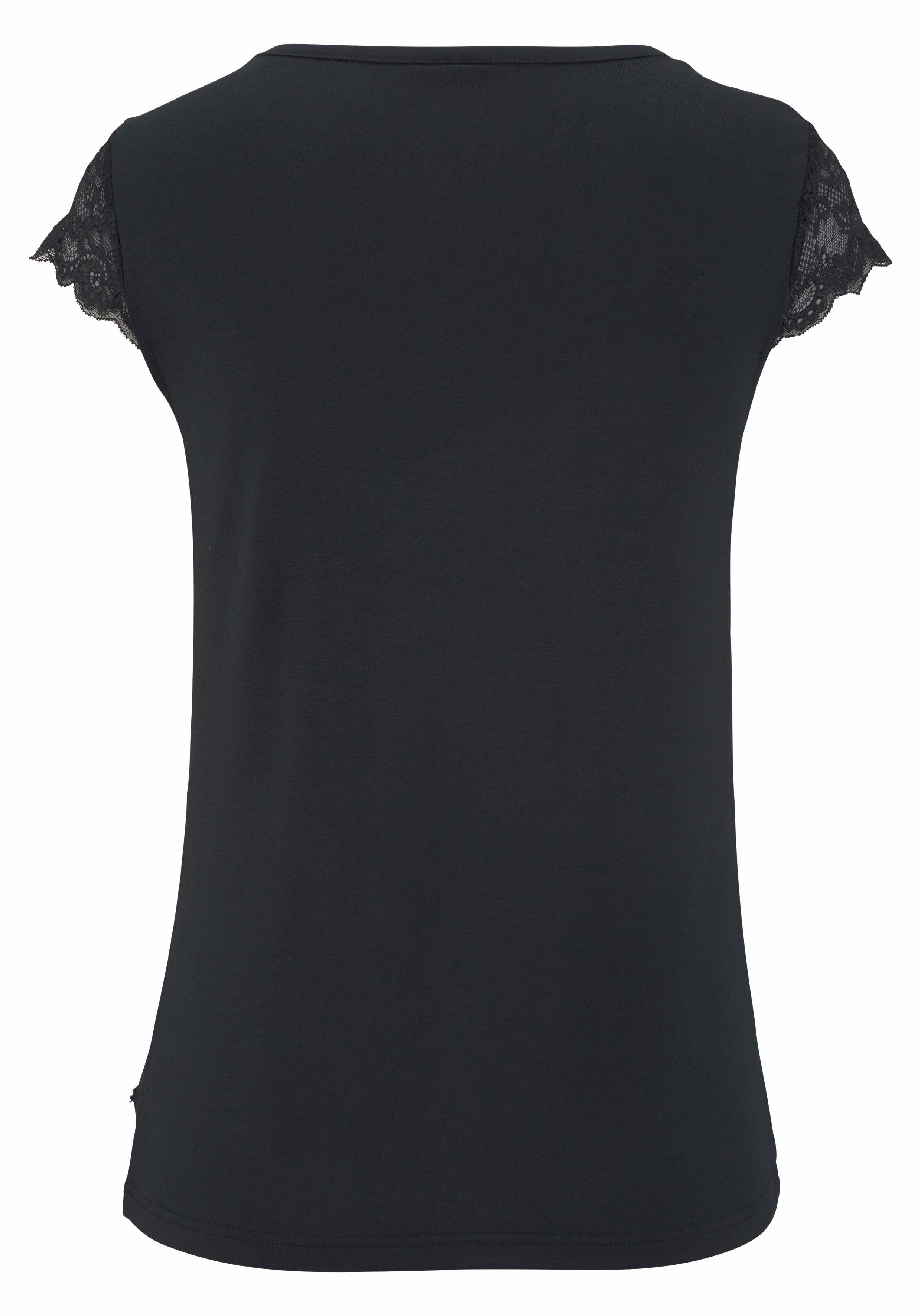LASCANA T-Shirt mit Spitzenärmeln schwarz