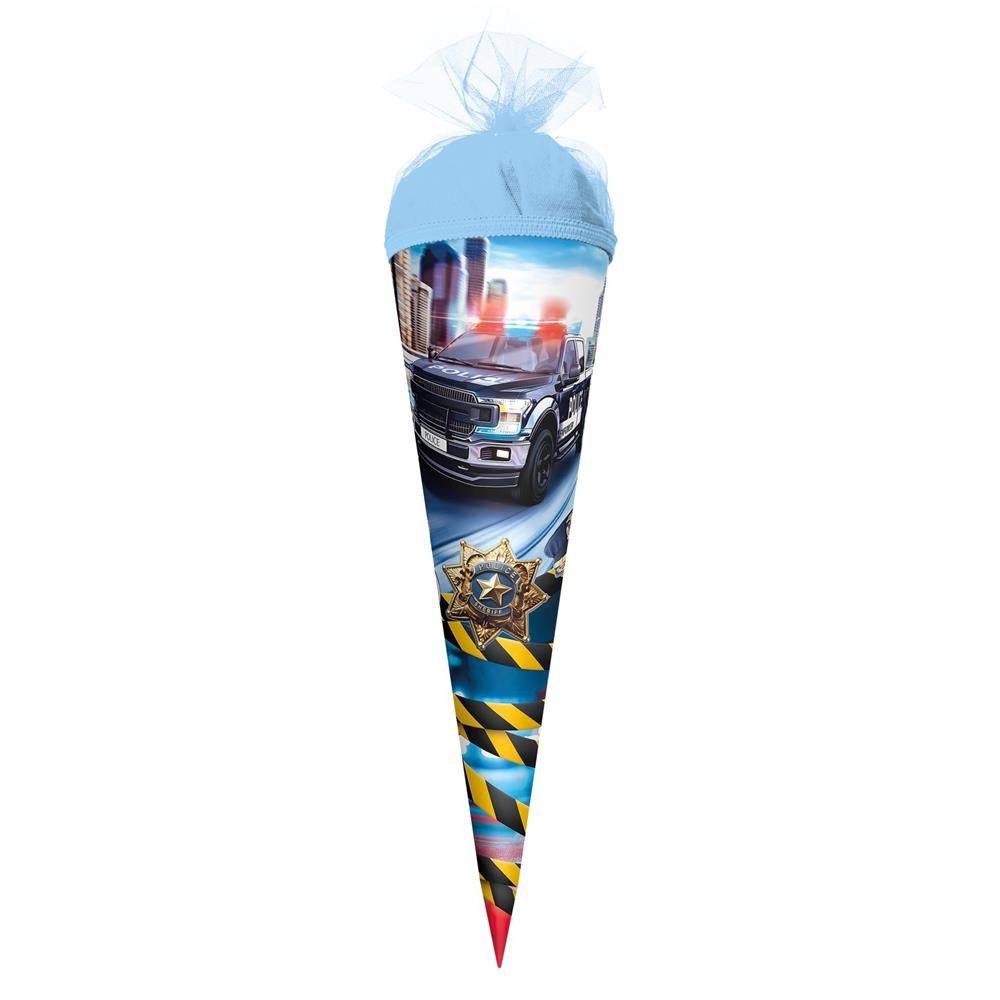 Roth Schultüte Polizei 911, 22 cm, rund, Tüllverschluss, Autos, Fahrzeuge, blau, Schulanfang, Zuckertüte