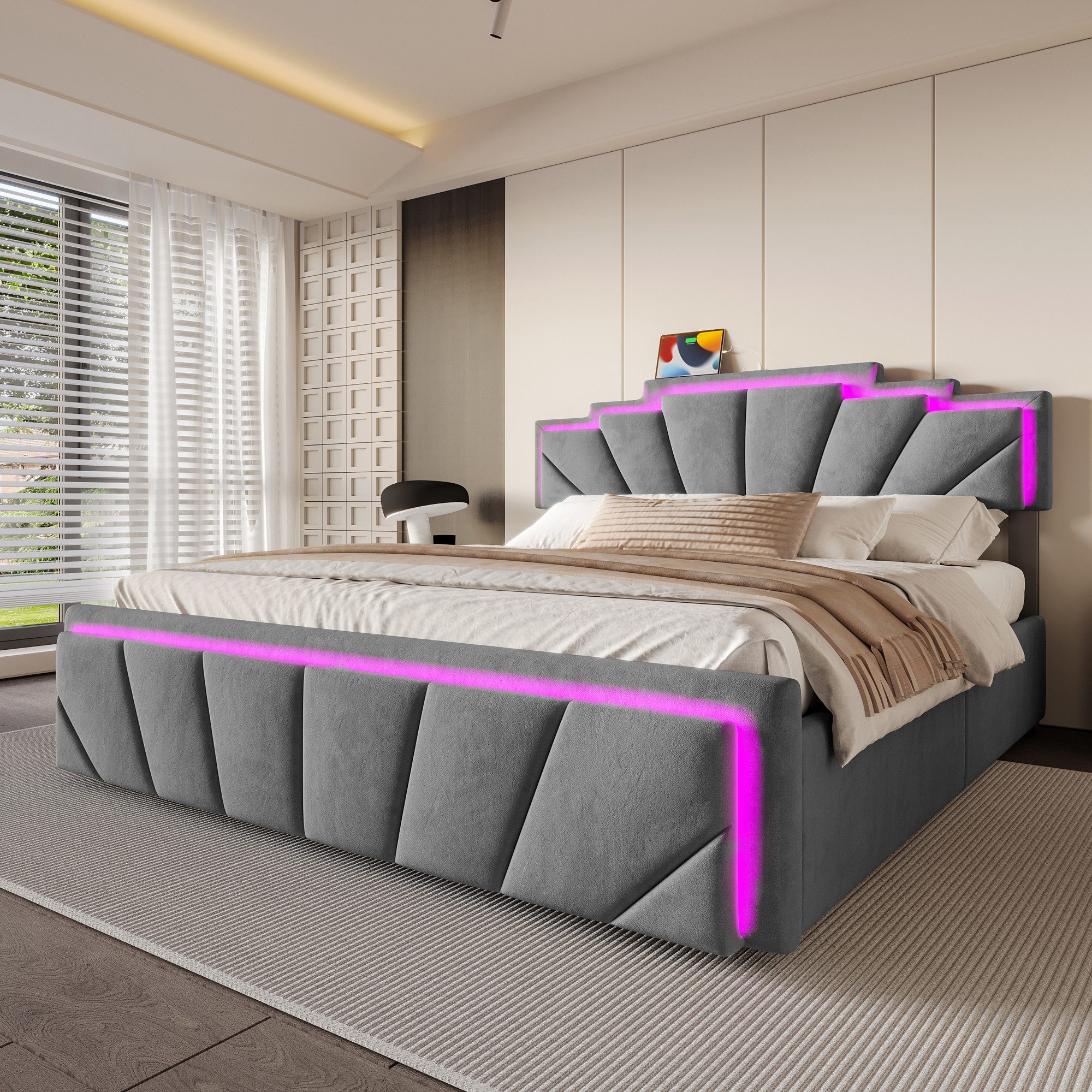 Celya Polsterbett Doppelbett mit einzigartigem trapezförmigem Kopfteil (USB günstig online kaufen