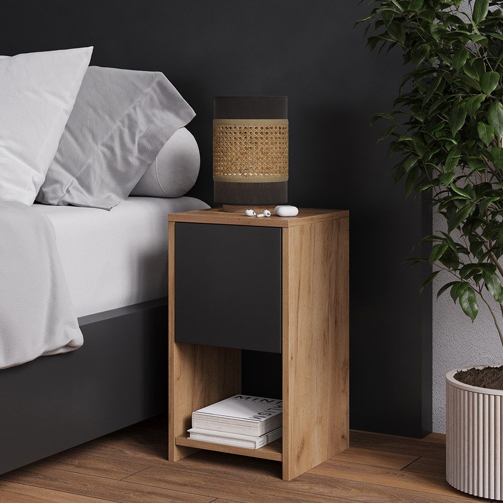 Vicco Nachtschrank Evo, Weiß/Goldkraft Eiche, 30 x 55 cm mit Schublade, Betttisch, Nachtkommode