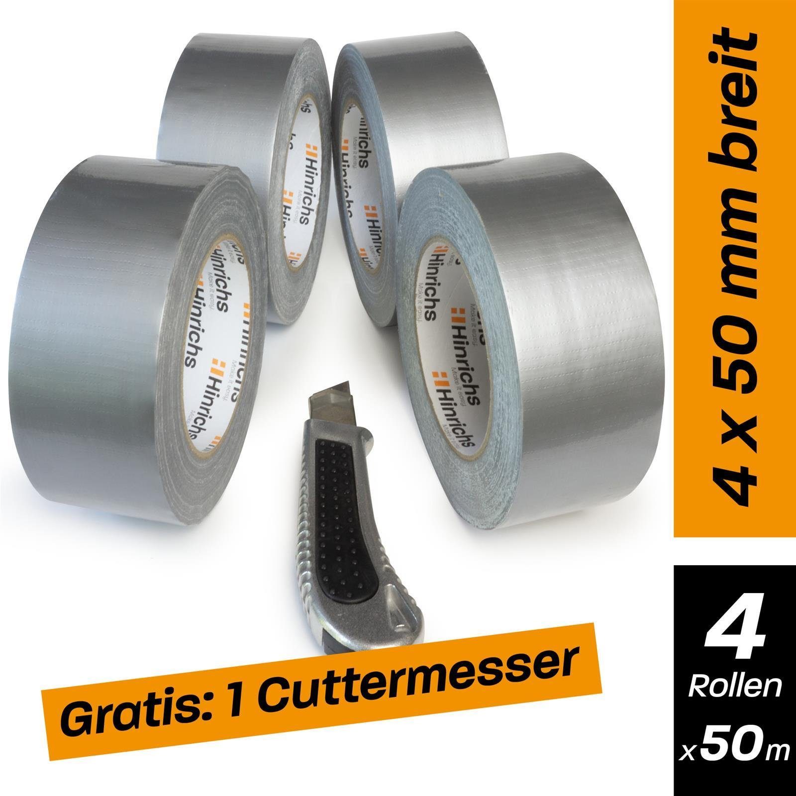 Hinrichs Klebeband 4 Rollen Panzerband silber 50 m x 50 mm plus Cuttermesser