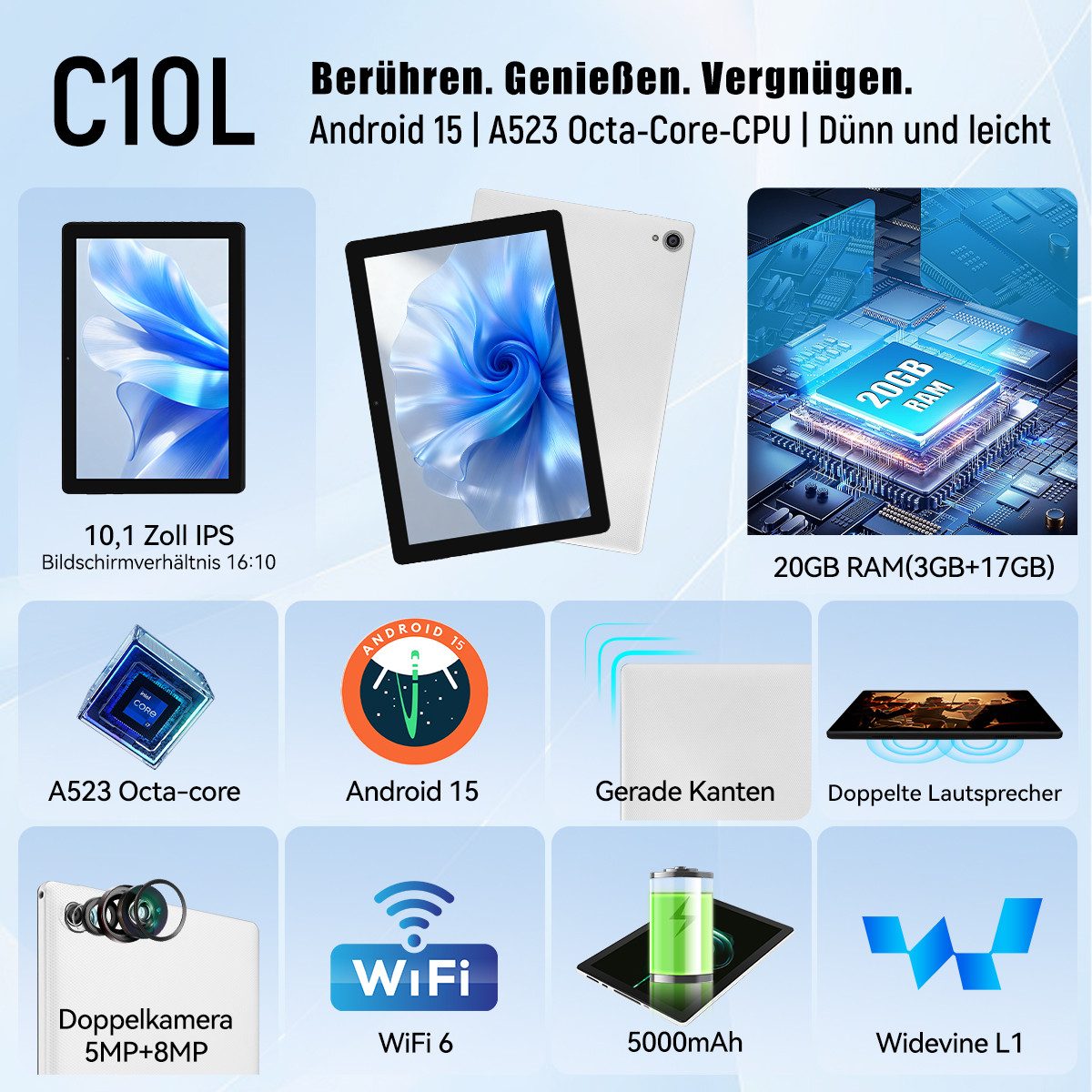 Happybe 10 Zoll 64 GB ROM (1 TB TF), Android, 1280x800 HD IPS, WiFi 6 Tablet (10", 64 GB, Android, WIFI, Android 15, mit Tastatur, Maus, schützende Hülle und Stift)