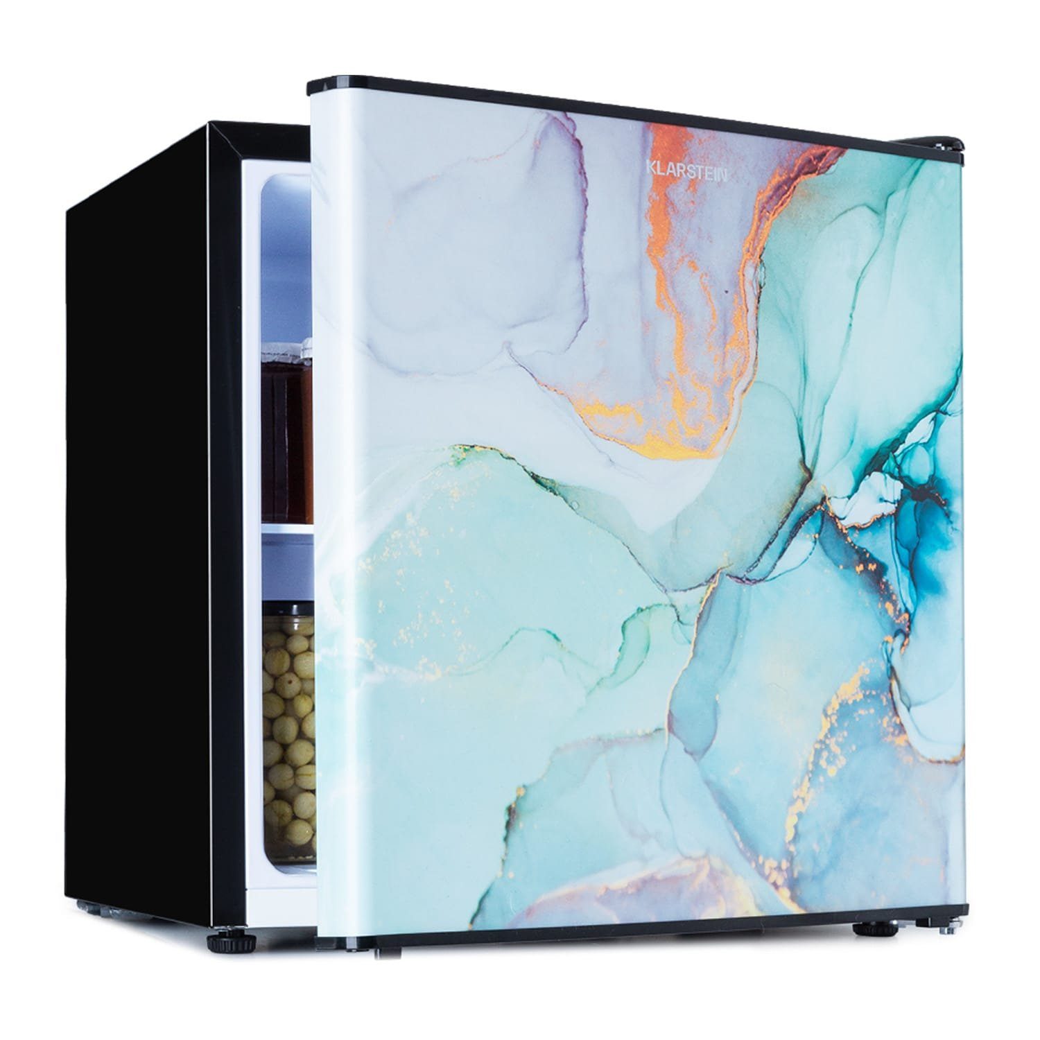 Klarstein Table Top Kühlschrank CoolArt 45L Mini-Kühlschrank EEK F  Gefrierfach 1,5l Designtür 10036181, 50 cm hoch, 48 cm breit