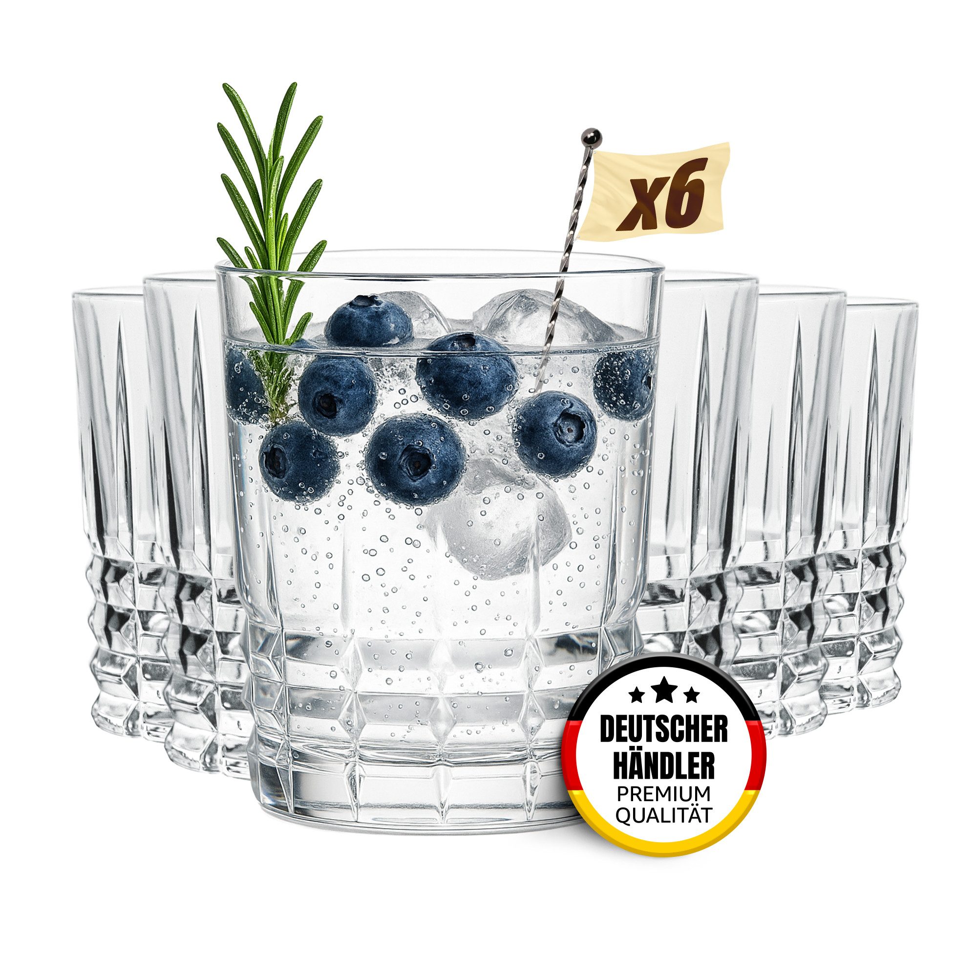 MUVELL Tumbler-Glas 6er Set „Finland“ 310 ml dickwandig klar spülmaschinenfest, 6-tlg., feuerpoliertes kristallklares 3mm Glas, Stoßfest, Spülmaschinenfest, 3 mm Glasstärke