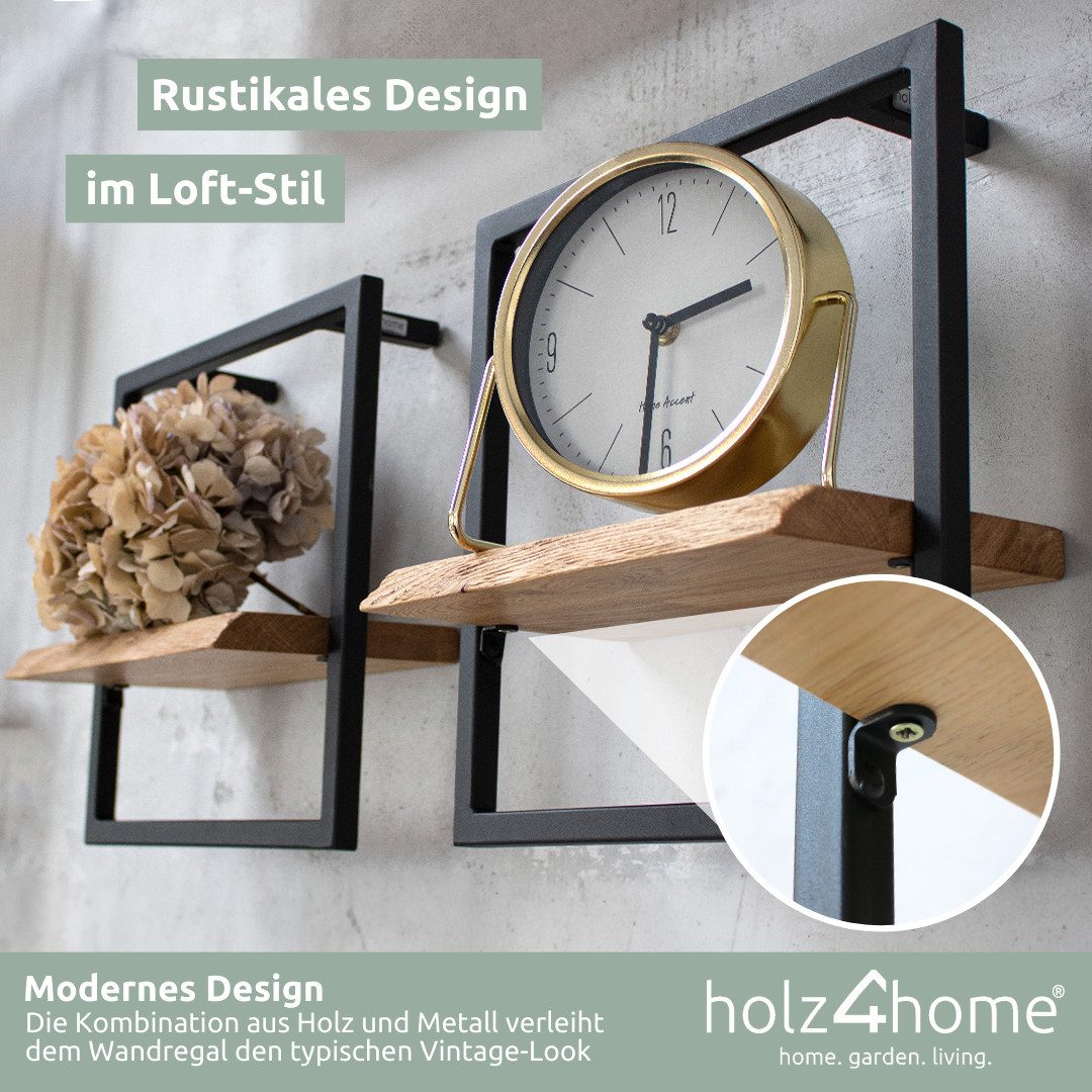 holz4home® Wandregal Natur Eiche mit Metallrahmen Schwarz I Mit Baumkante, Industrial Schweberegal
