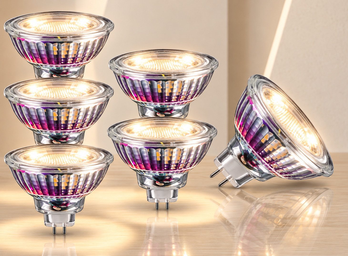 TRANGO LED-Leuchtmittel, 5er Set MR16-NT3 LED Leuchtmittel mit MR16 Fassung zum Austausch von herkömmlichen Halogen Leuchtmittel MR16 I GU5.3 I G4 12 Volt 3000K warmweiß, 5 St., Glühlampe, Reflektor Lampe, LED Birnen