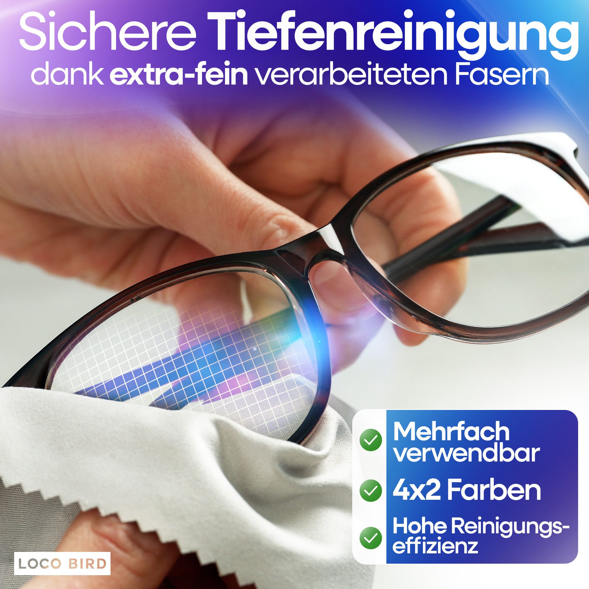 Loco Bird Brillenputztuch Microfaser in Optikerqualität - Brillenputztücher - Reinigungstücher (15x17 cm, - 8er Set, Brillentücher in Grau, Mikrofasertuch, Mikr – Bild 4 von 5