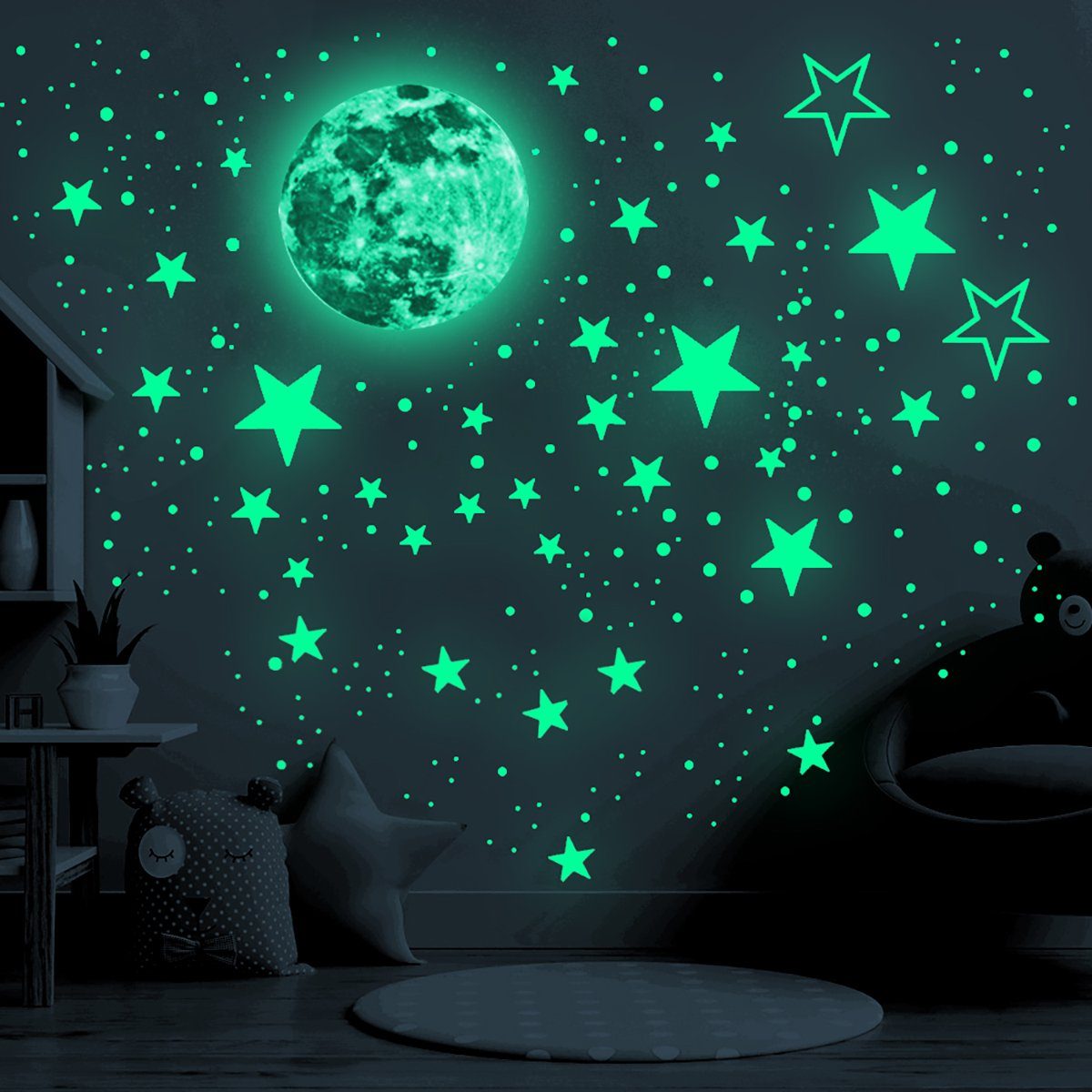 Wandsticker Wandtattoo 435 Mond Wanddeko Aufkleber Leuchtsterne/Leuchtpunkte für deinen Sternenhimmel und fluoreszierend Leuchtaufkleber für Kinderzimmer Baby Kinder oder Schlafzimmer 