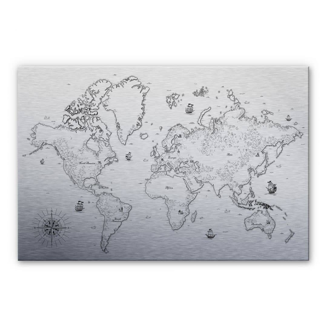 K&L Wall Art Alu-Dibond-Druck Metall Weltkarte Silber Kompass Landkarte Vintage Deko Schatzkarte, Wohnzimmer Weltmeere