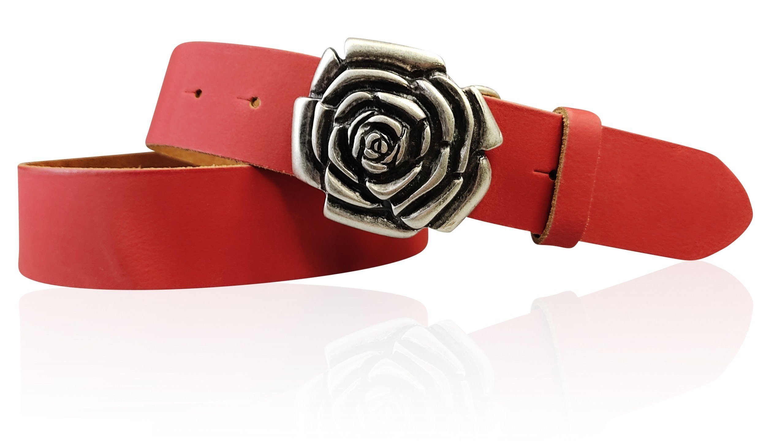 cm Gürtelschnalle, Ledergürtel Rosenblüte Koppelgürtel Rot 4 18090 Damengürtel FRONHOFER silber, mit