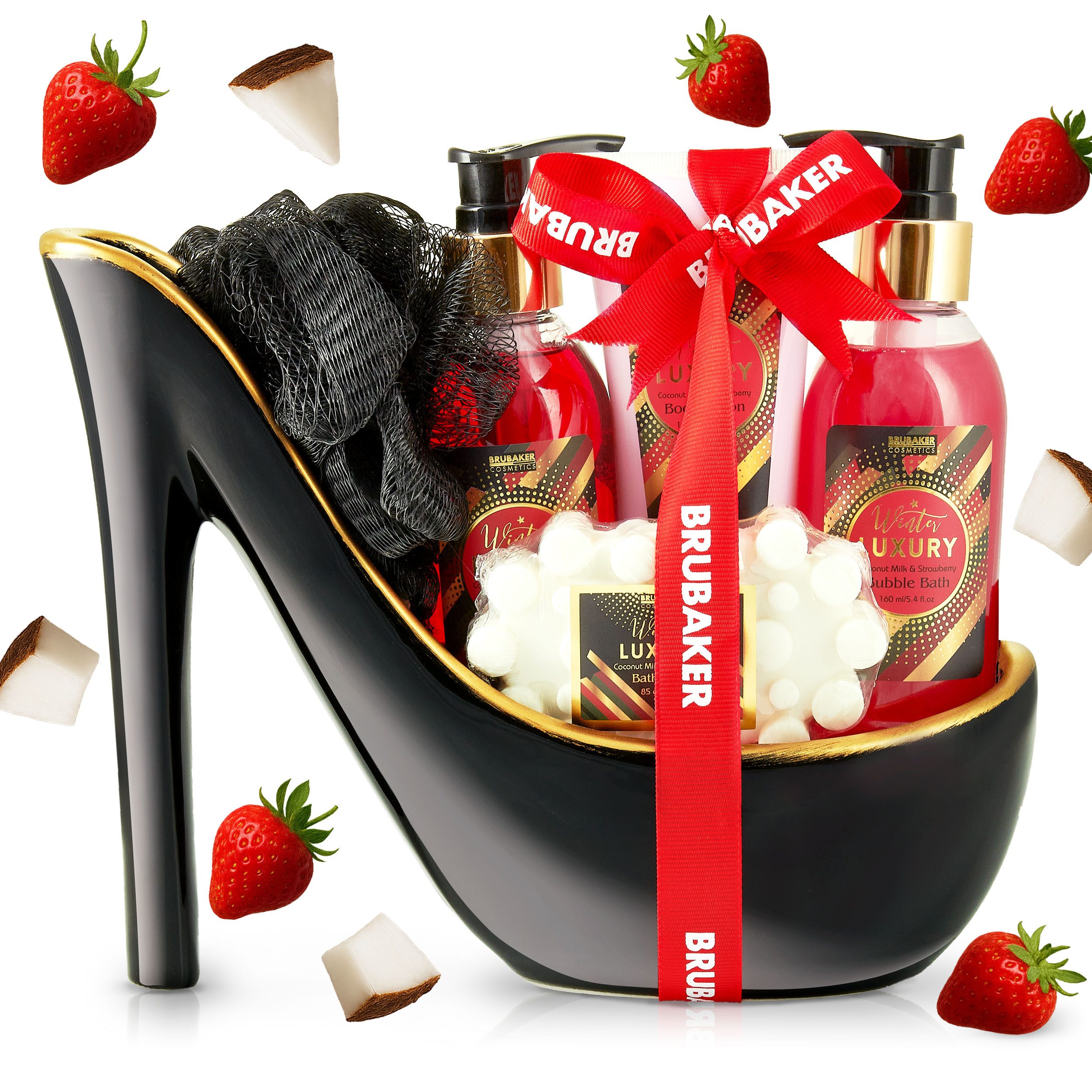 BRUBAKER Pflege-Geschenkset Dusch- und Badeset mit Erdbeer und Kokosnuss Duft, Pflegeset, 6-tlg., Beauty Geschenkset in Keramik Stiletto für Frauen