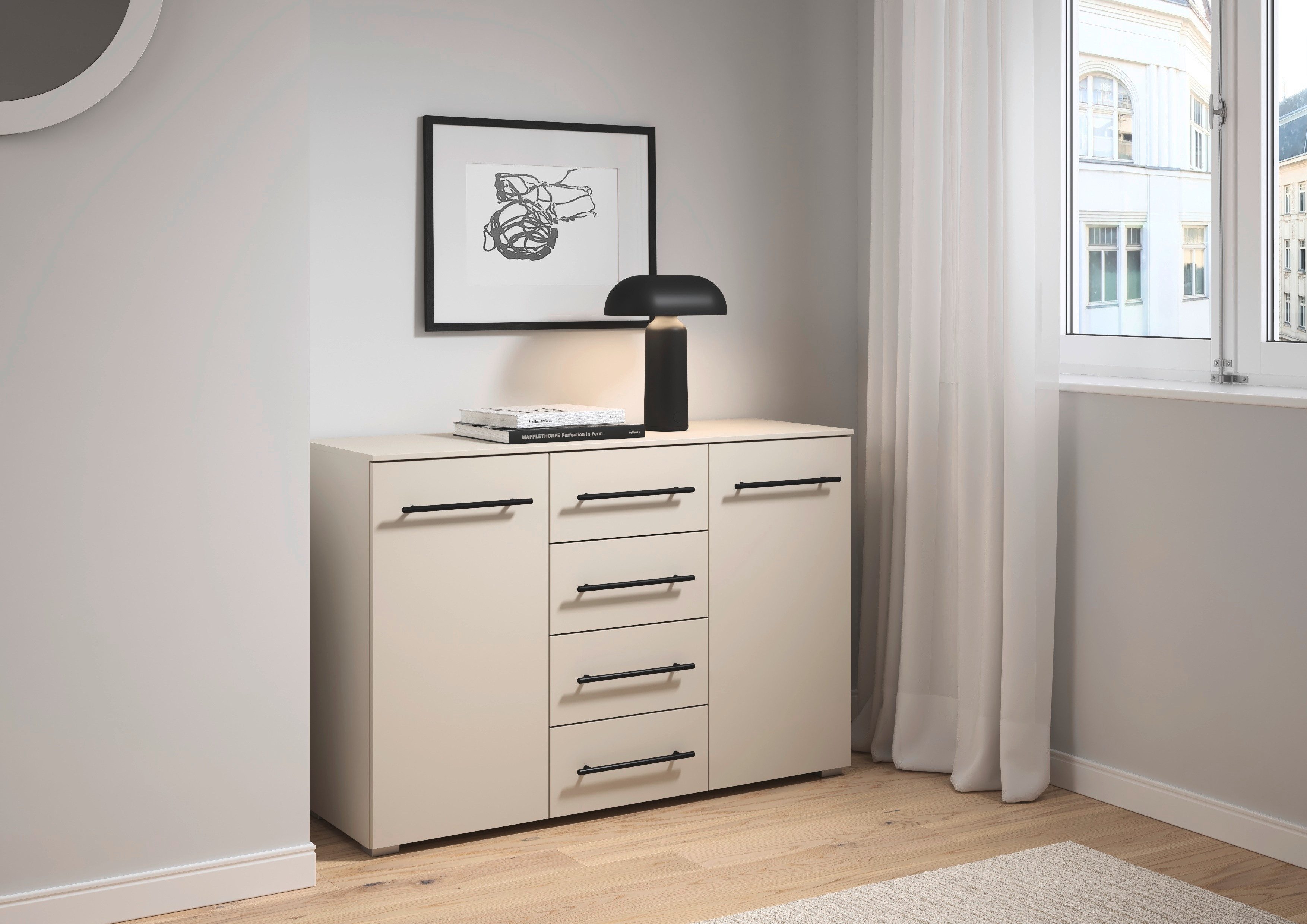 rauch Kombikommode Sideboard Schubladenkommode AVOLA mit Dekorfront (Breite 120 cm inkl. Soft-Close-Funktion), vier große Schubladen und 2 Türen, mit 4 Einlegeböden MADE IN GERMANY