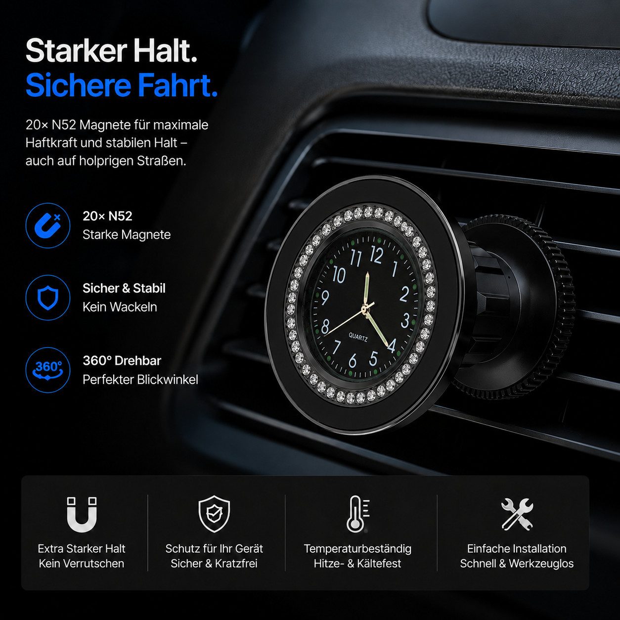 NEXGEN LUXUS HANDY-ZUBEHÖR Smartphone-Halterung Handyhalterung Auto Magnet KFZ Smartphone Halterung mit Uhr NEU, (Deutsche Marke, N52 Magnetkraft, Extra stabile – Bild 5 von 5