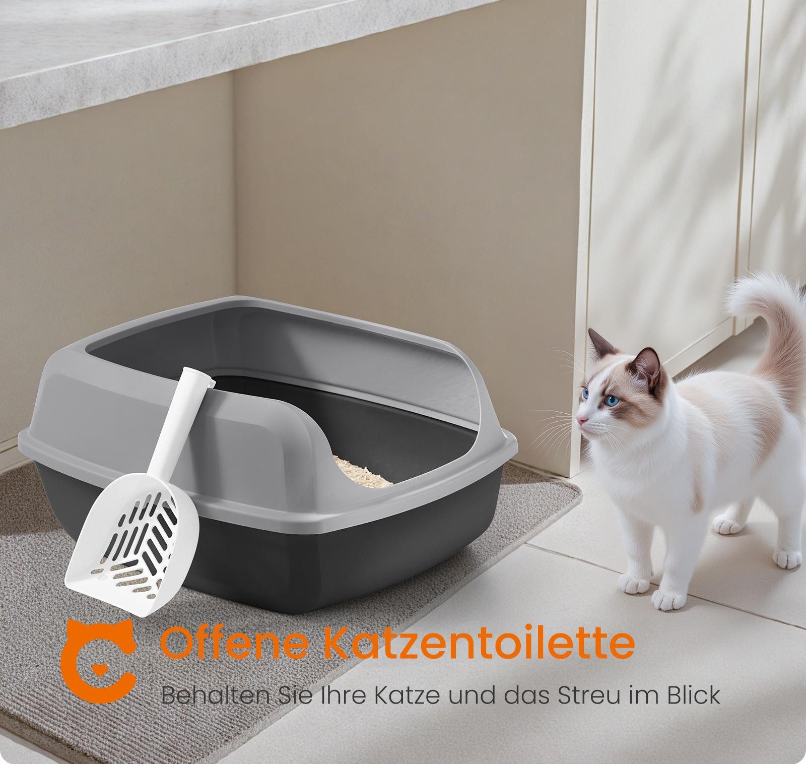 FEANDREA Katzentoilette Katzenklo, offene Katzentoilette, für Kätzchen und große Katzen, mit hohen Seitenwänden, XXL, mit Schaufel, 56 x 42 x 23,5 cm