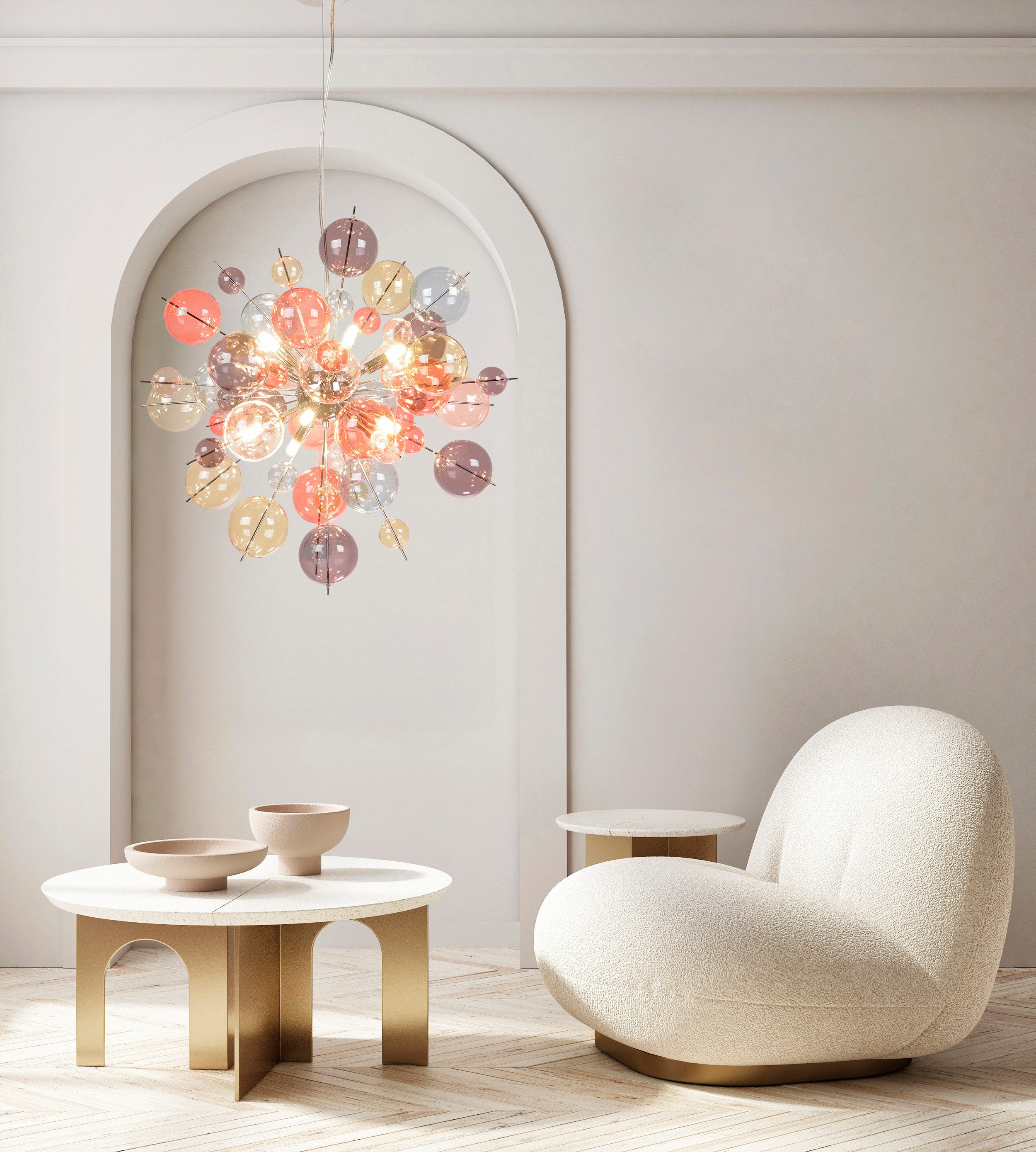 näve Pendelleuchte Explosion, ohne Leuchtmittel, kleine und große pastellfarbene Glaskugeln, 10x G9 exkl., Pendel klar