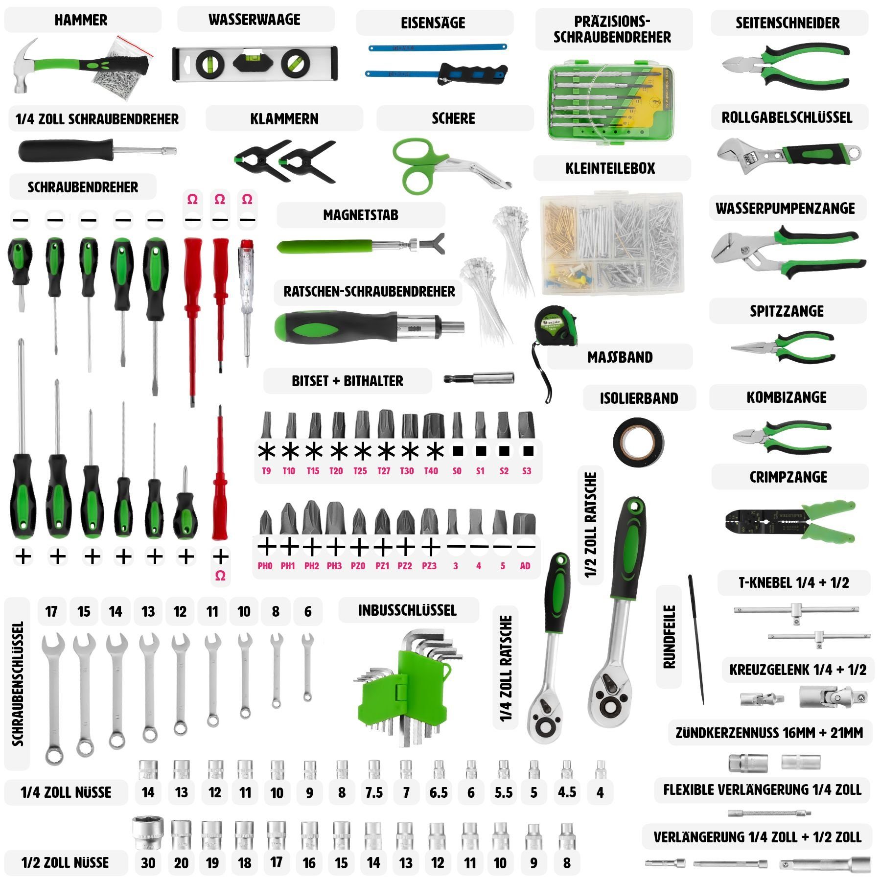 tectake Werkzeugtrolley Werkzeugkoffer, Werkzeugkasten mit Tragegriff und Teleskopgriff (Komplettset, 899-teilig), übersichtliche Anordnung auf 4 Ebenen, inklusive Sicherheitsstift