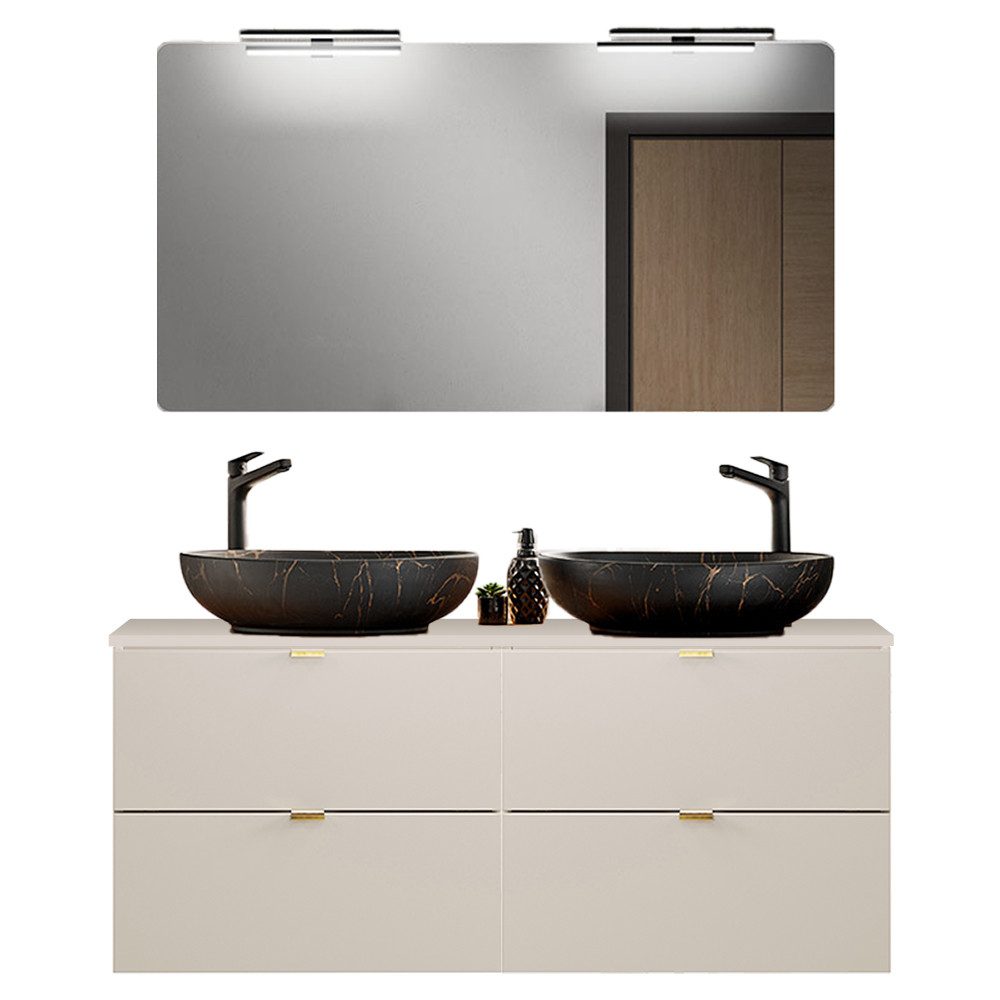 Lomadox Badmöbel-Set DURANGO-56, (Spar-Set, 2-St., Spiegel Doppelwaschtisch), 120cm Waschtisch, kaschmir, verschiedene Grifffarben, LED-Spiegel