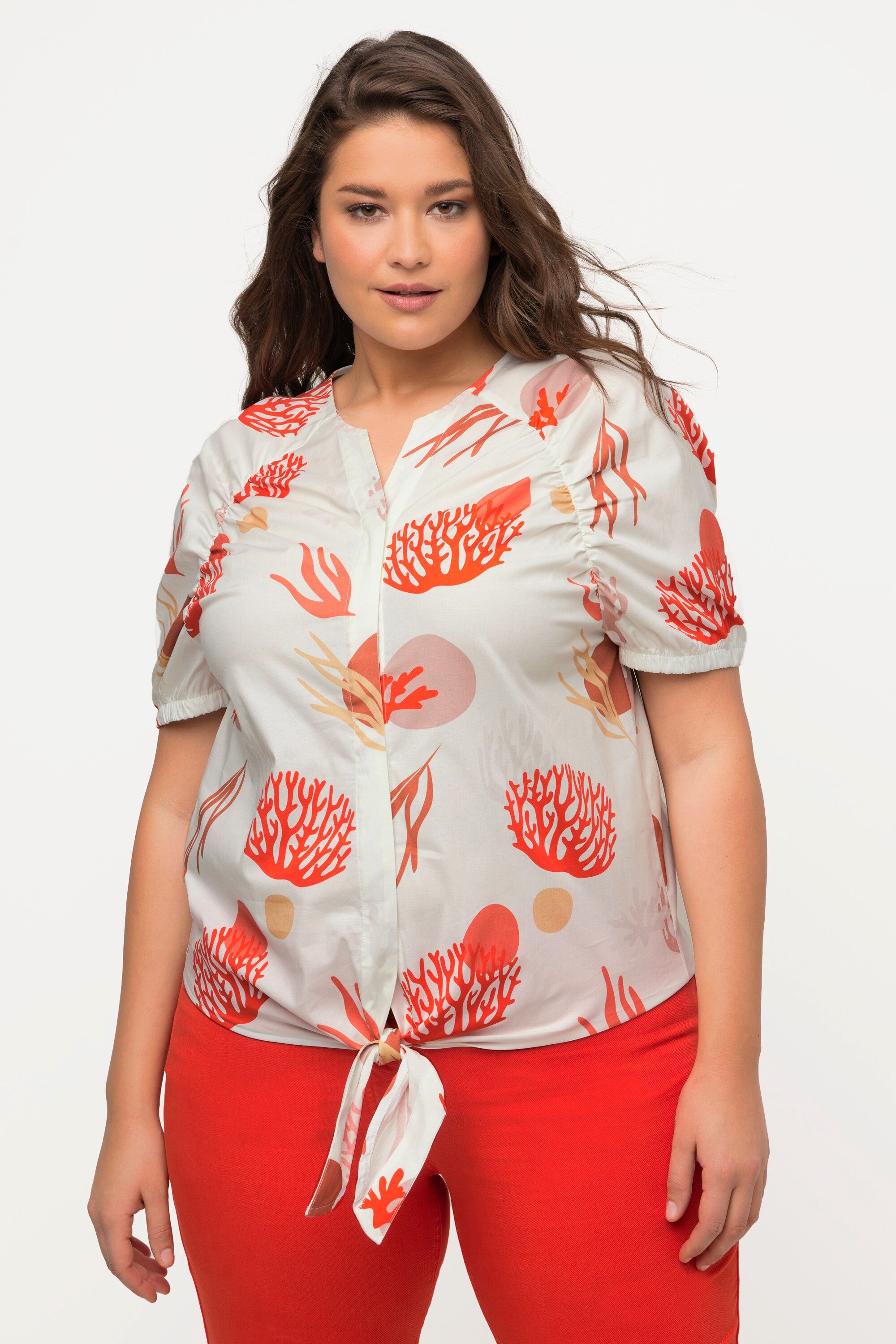 Spitzenbluse Bluse Korallen Tunika-Ausschnitt Halbarm